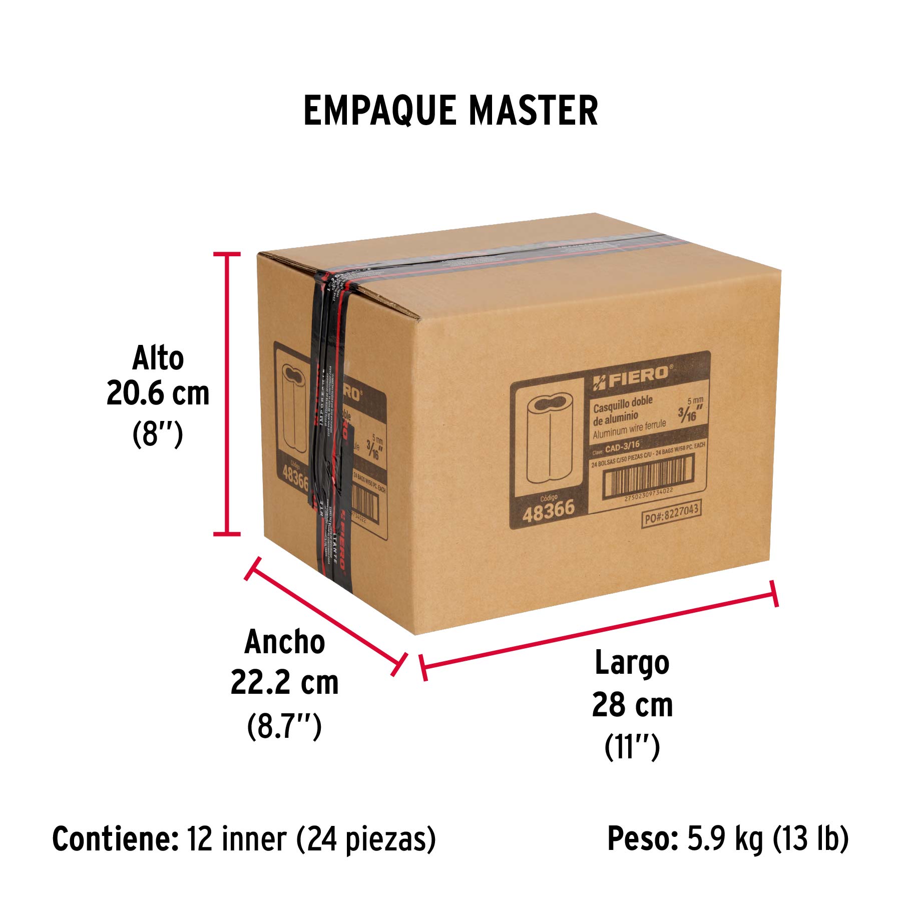 Bolsa con 50 casquillos dobles de aluminio, 3/16", FIERO - Empaque