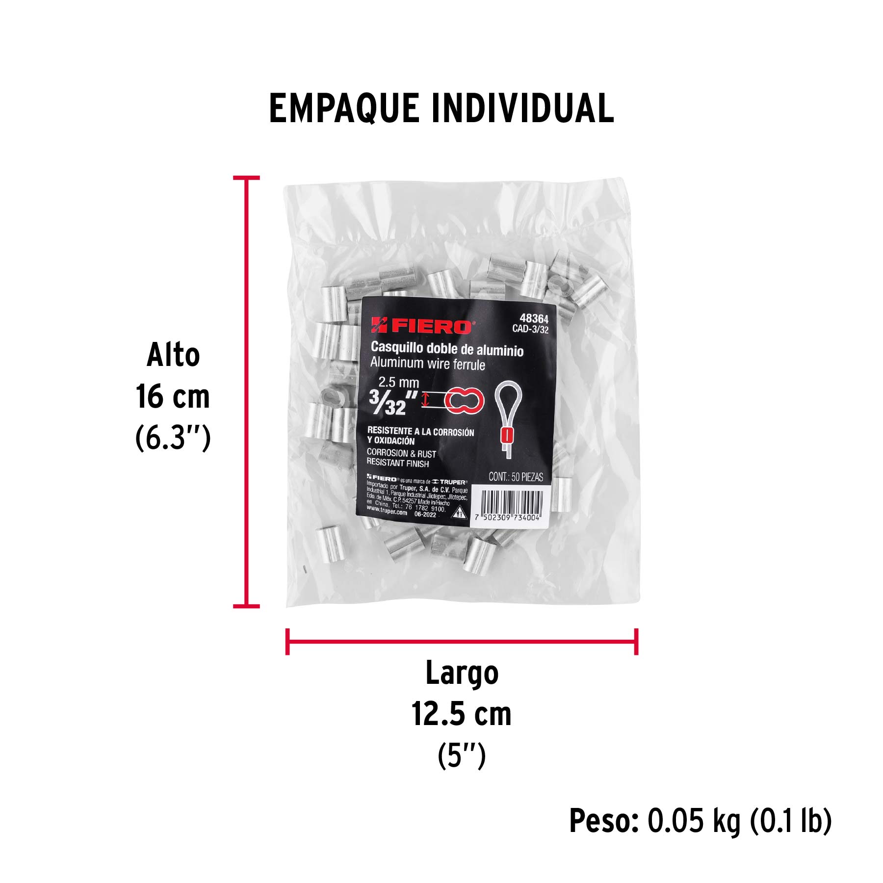 Bolsa con 50 casquillos dobles de aluminio, 3/32", FIERO - Empaque