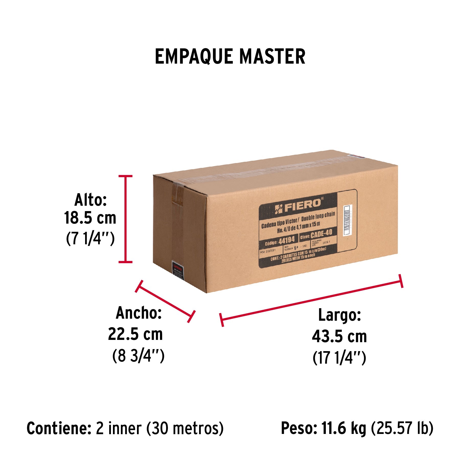Metro de cadena tipo Víctor de 4.1 mm en carrete de 15 m - Empaque