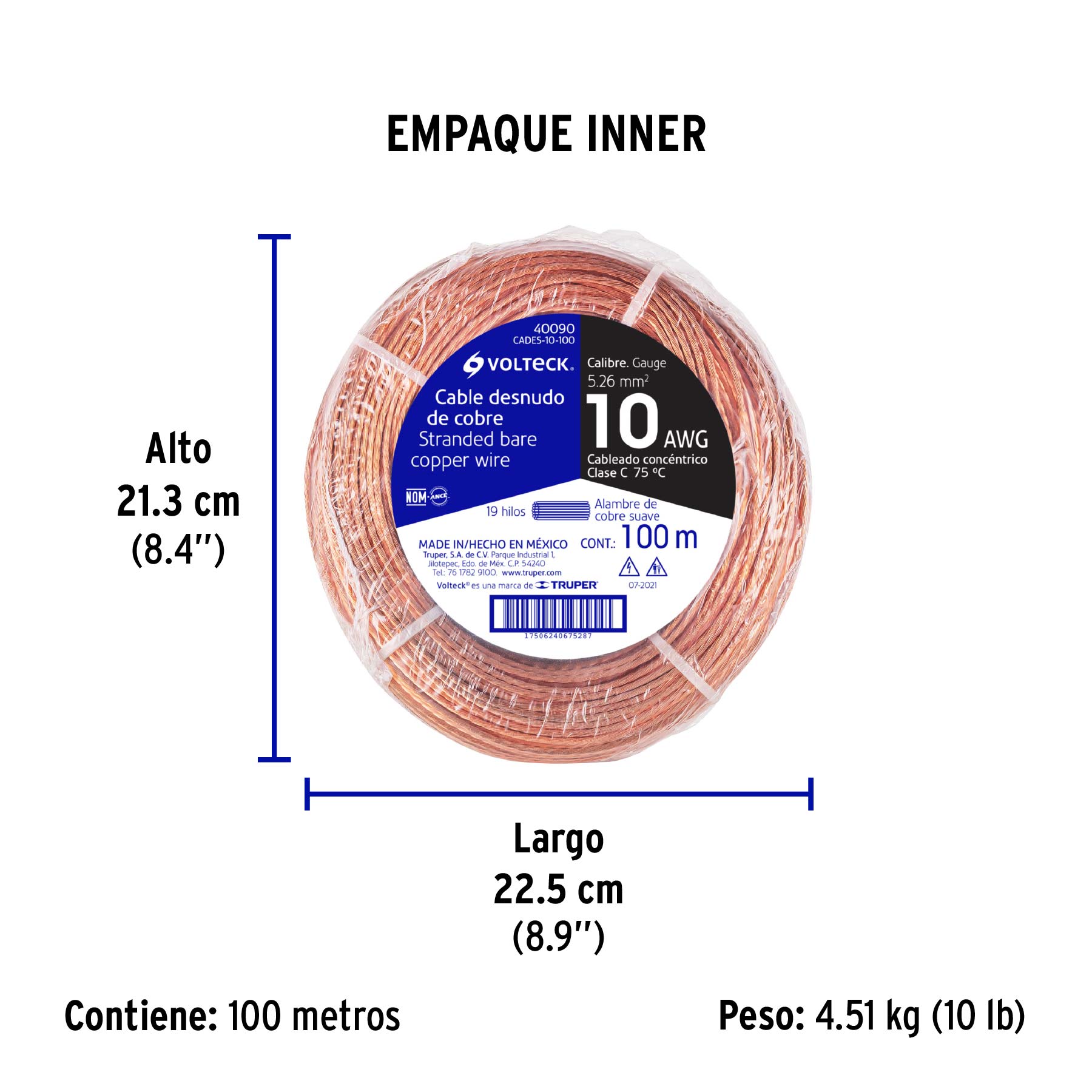 Metro de cable desnudo de cobre calibre 10 AWG, rollo 100 m - Empaque
