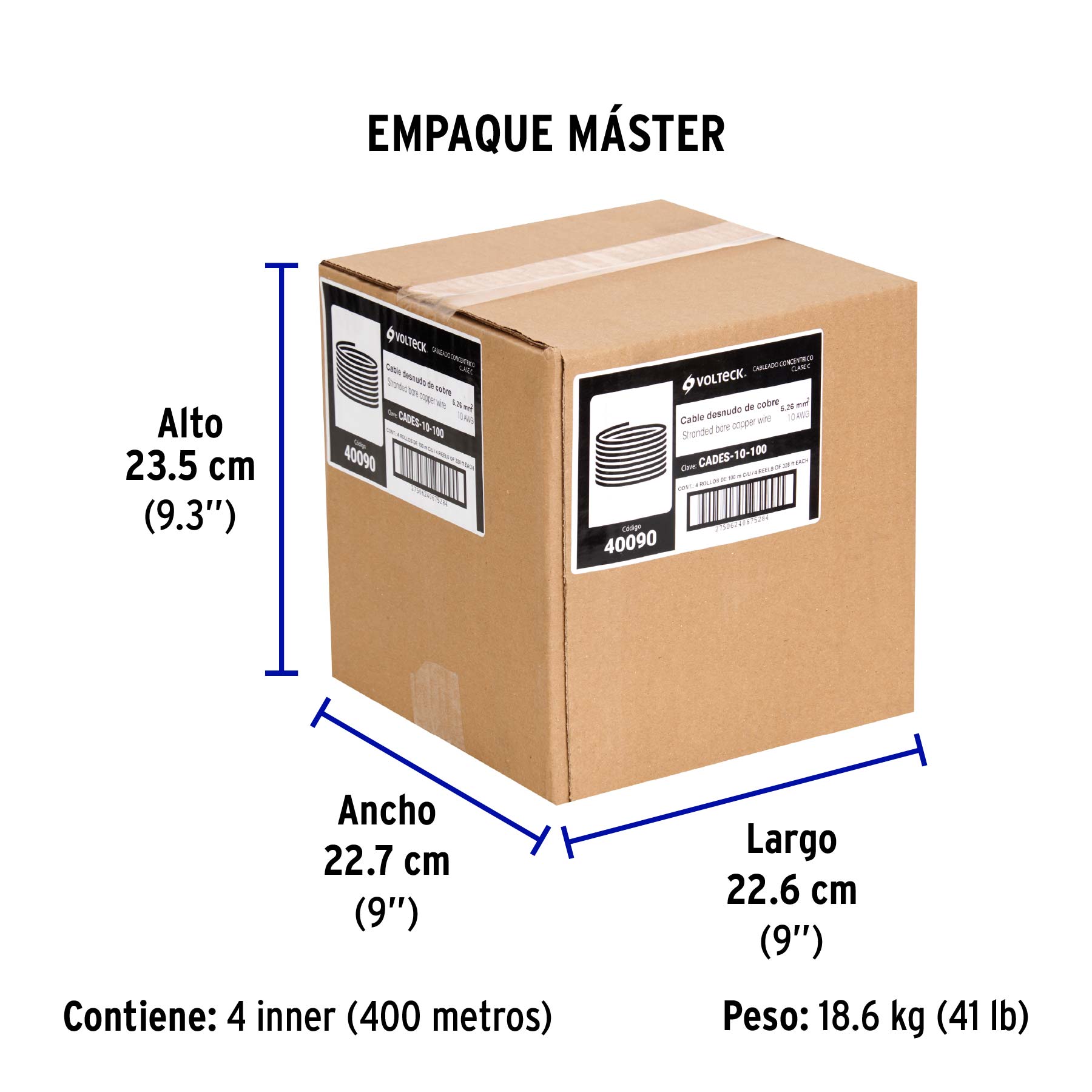 Metro de cable desnudo de cobre calibre 10 AWG, rollo 100 m - Empaque