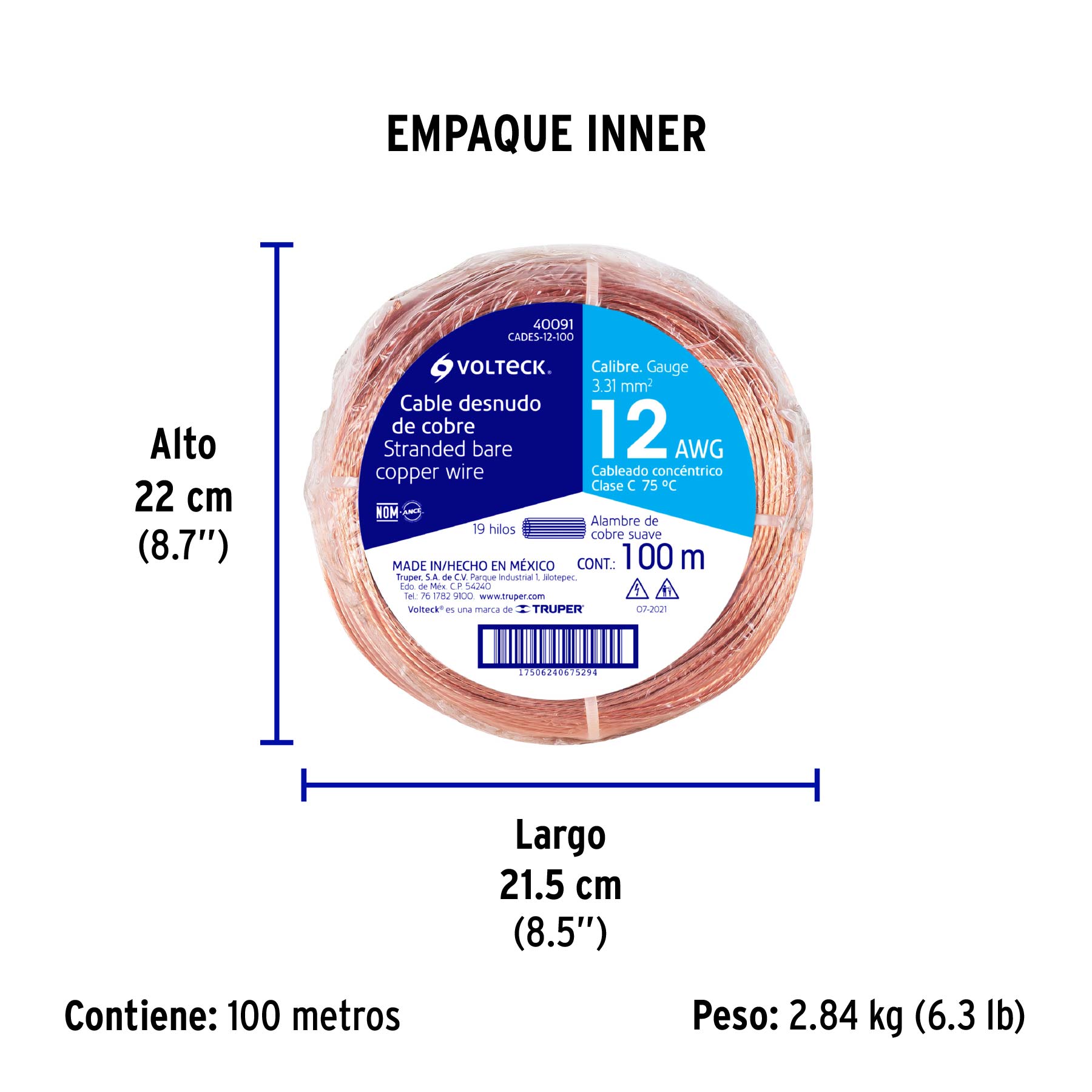 Metro de cable desnudo de cobre calibre 12 AWG, rollo 100 m - Empaque