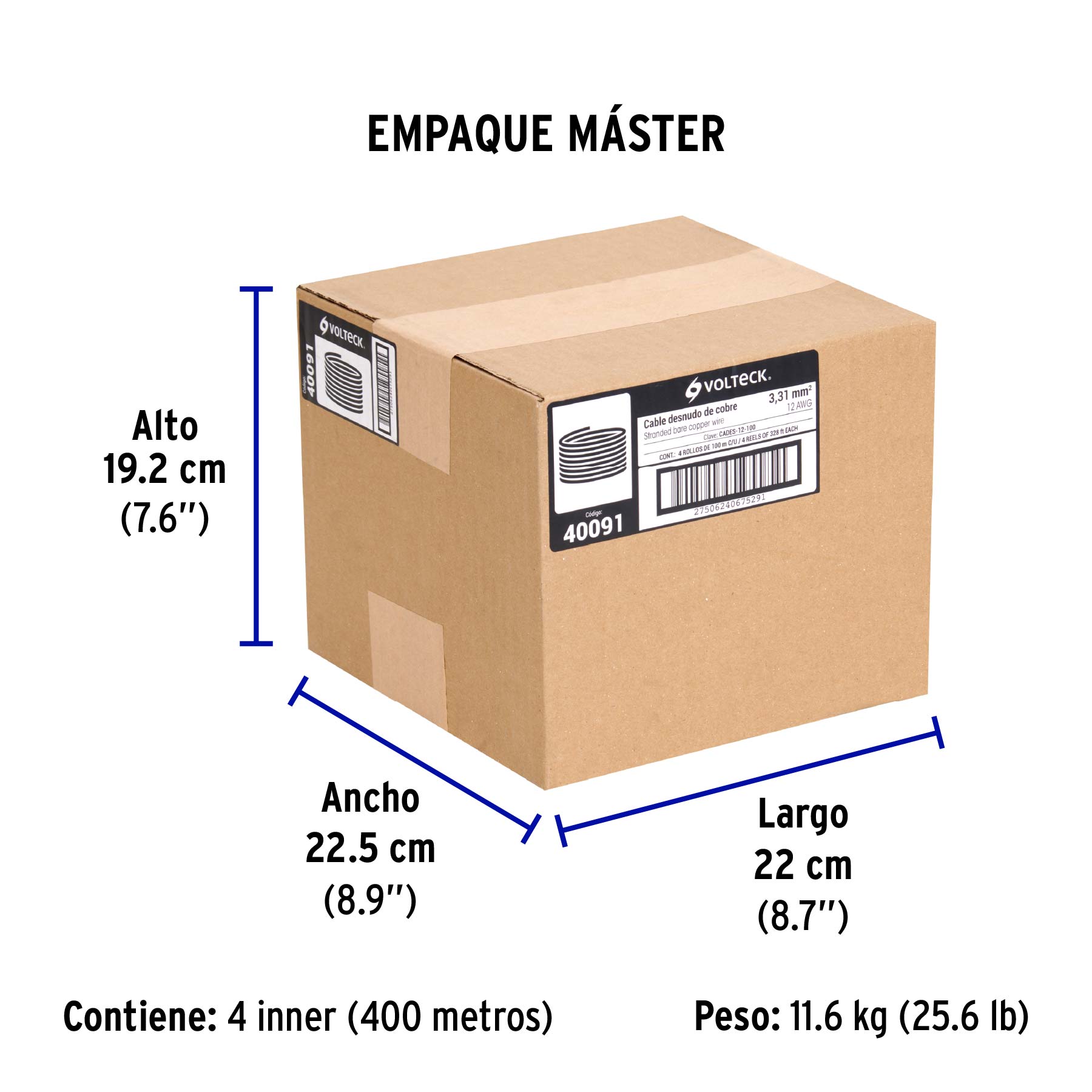 Metro de cable desnudo de cobre calibre 12 AWG, rollo 100 m - Empaque