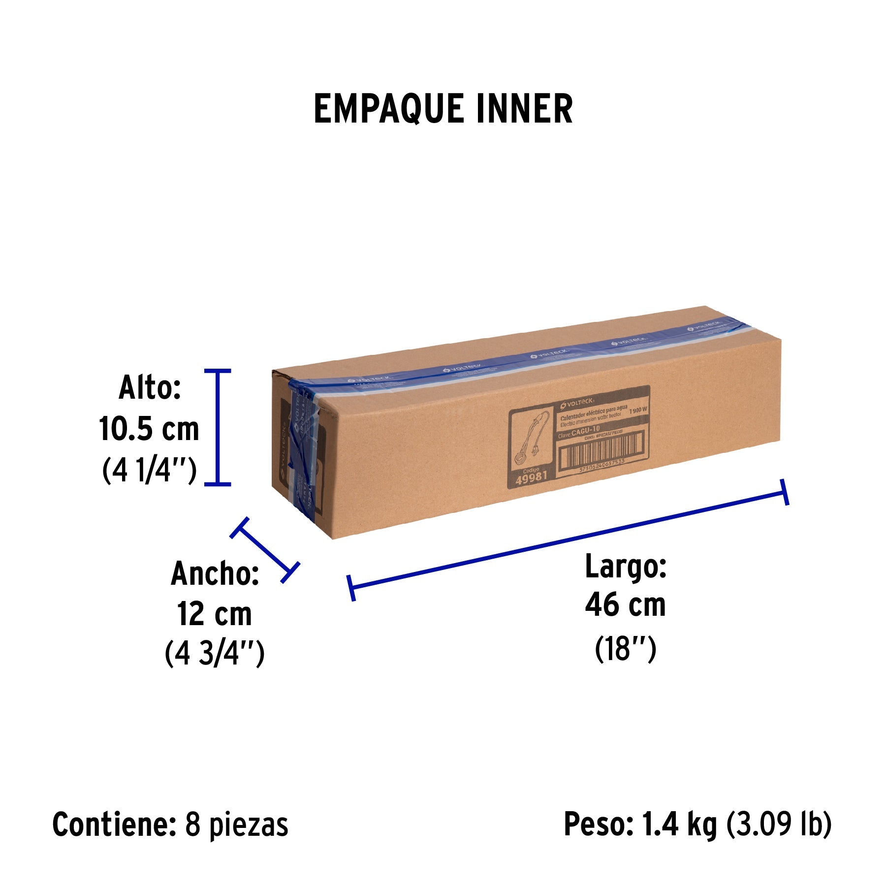 Calentador de inmersión para agua #10 (38 L), 1900W, VOLTECK - Empaque