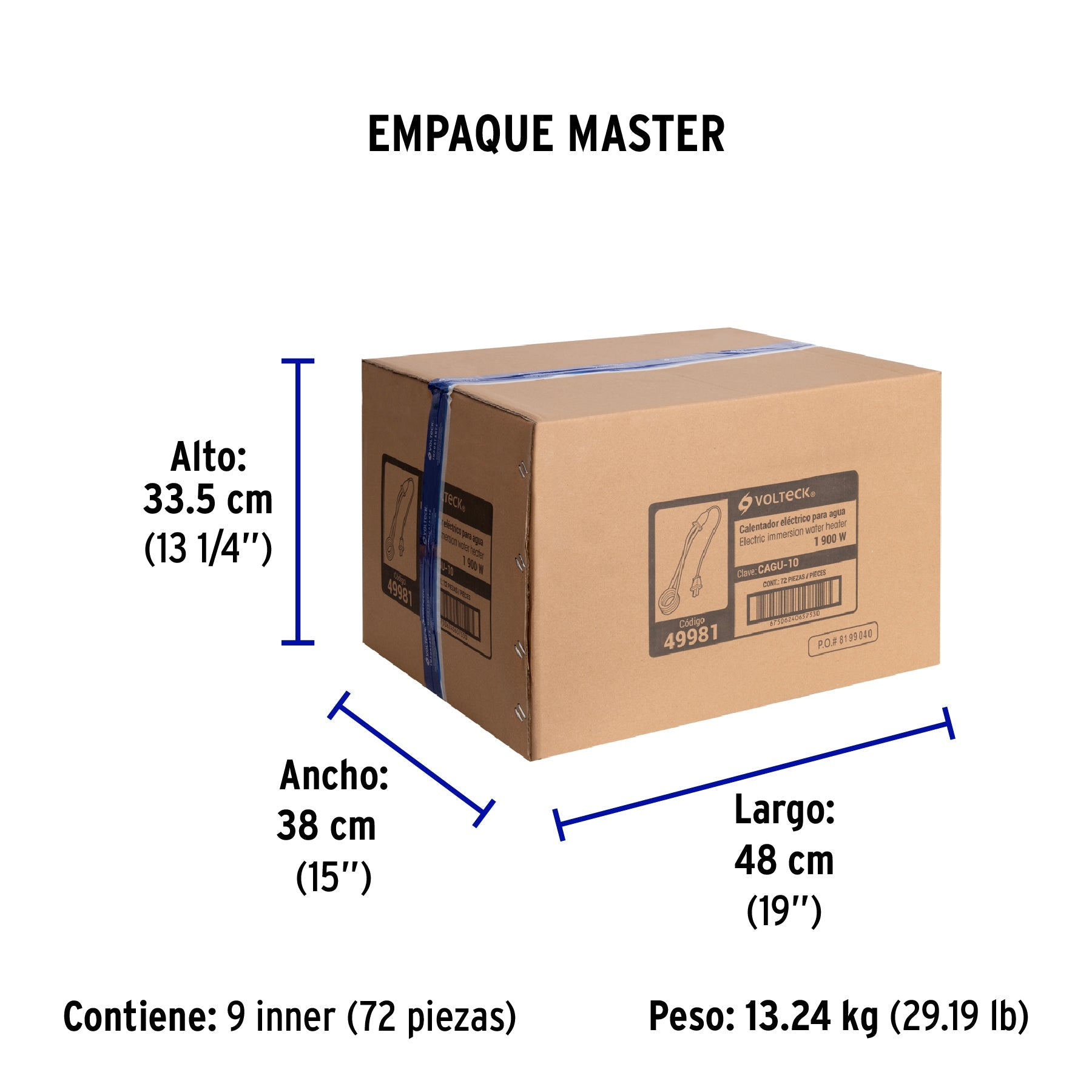 Calentador de inmersión para agua #10 (38 L), 1900W, VOLTECK - Empaque