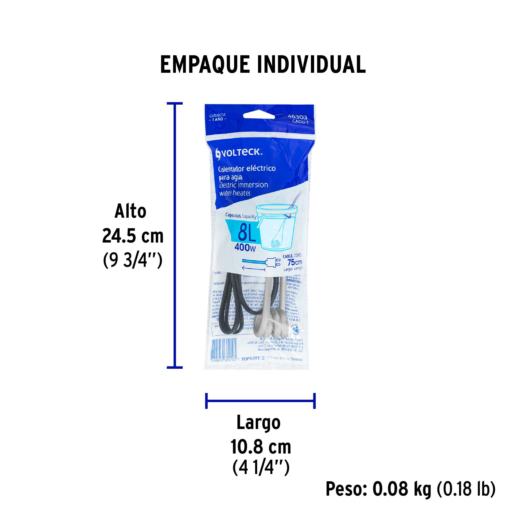 Calentador de inmersión para agua #1 (8 L), 400 W, VOLTECK - Empaque