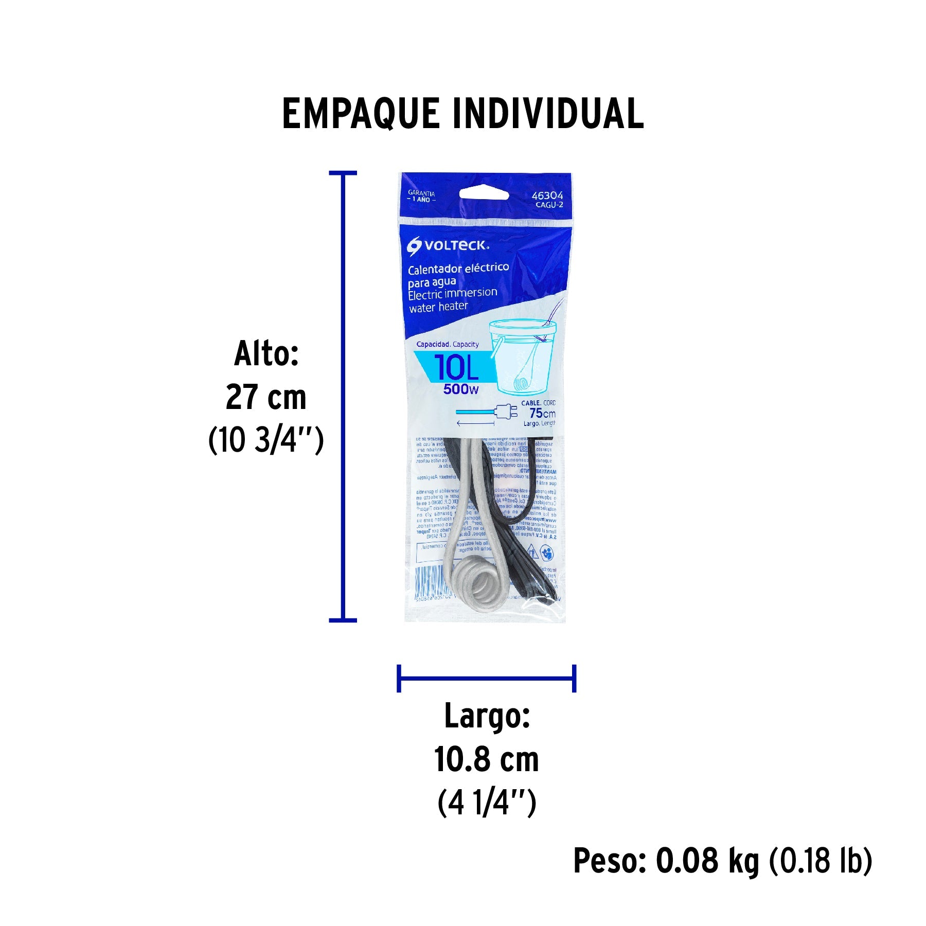 Calentador de inmersión para agua #2 (10 L), 500 W, VOLTECK - Empaque