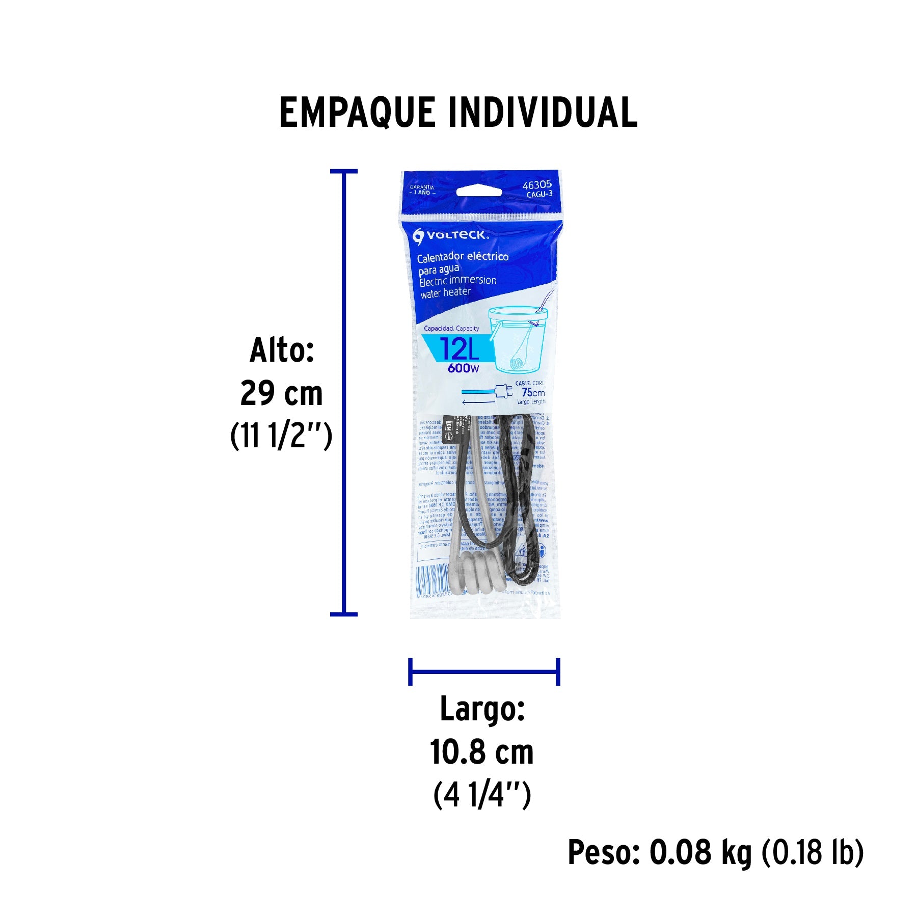 Calentador de inmersión para agua #3 (12 L), 600 W, VOLTECK - Empaque