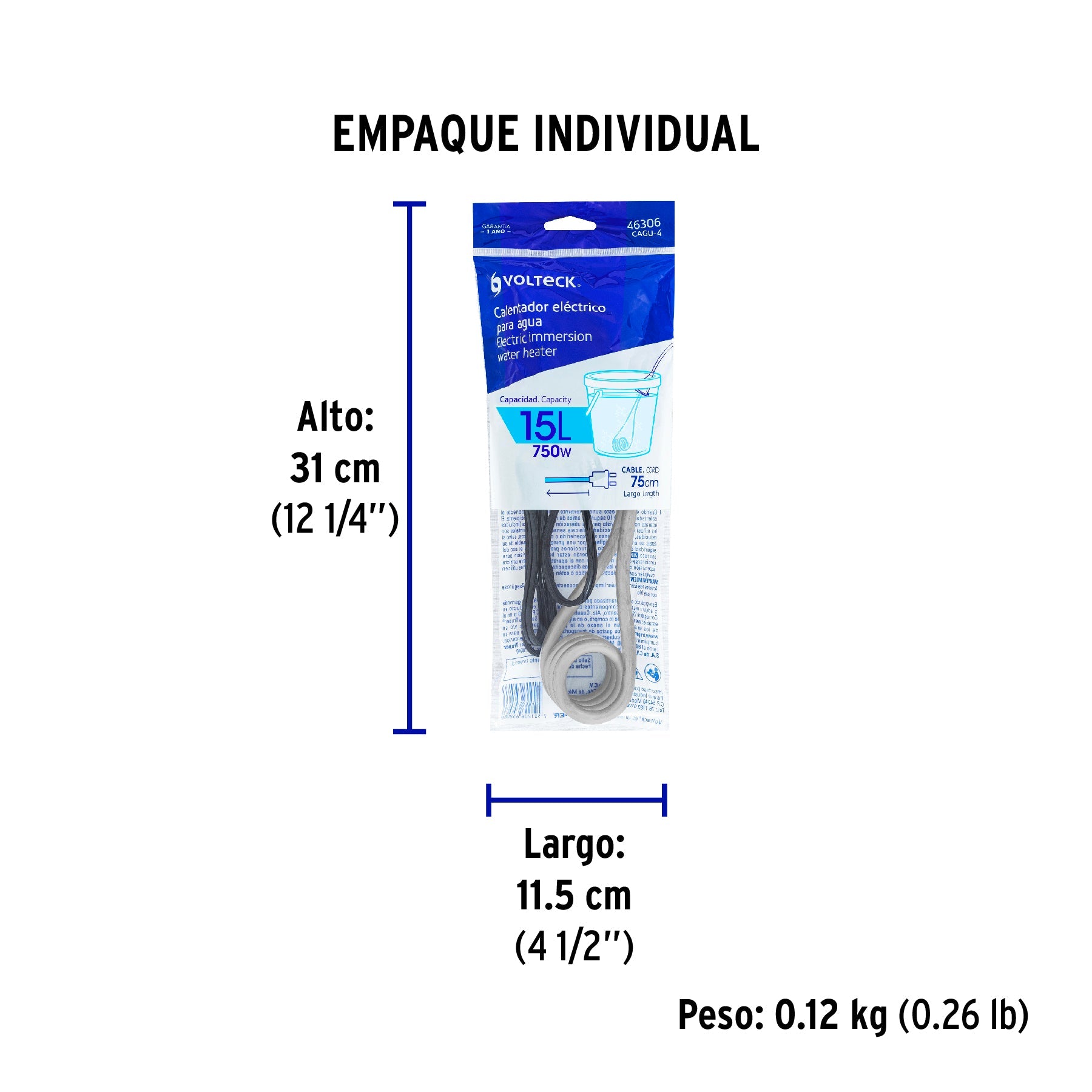 Calentador de inmersión para agua #4 (15 L), 750 W, VOLTECK - Empaque