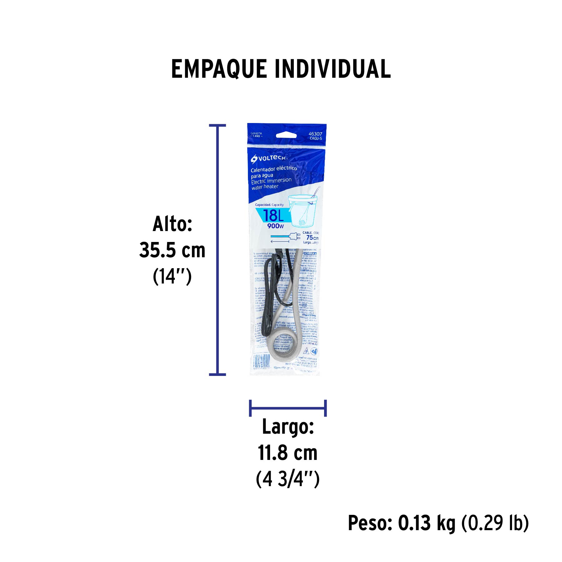 Calentador de inmersión para agua #5 (18 L), 900 W, VOLTECK - Empaque