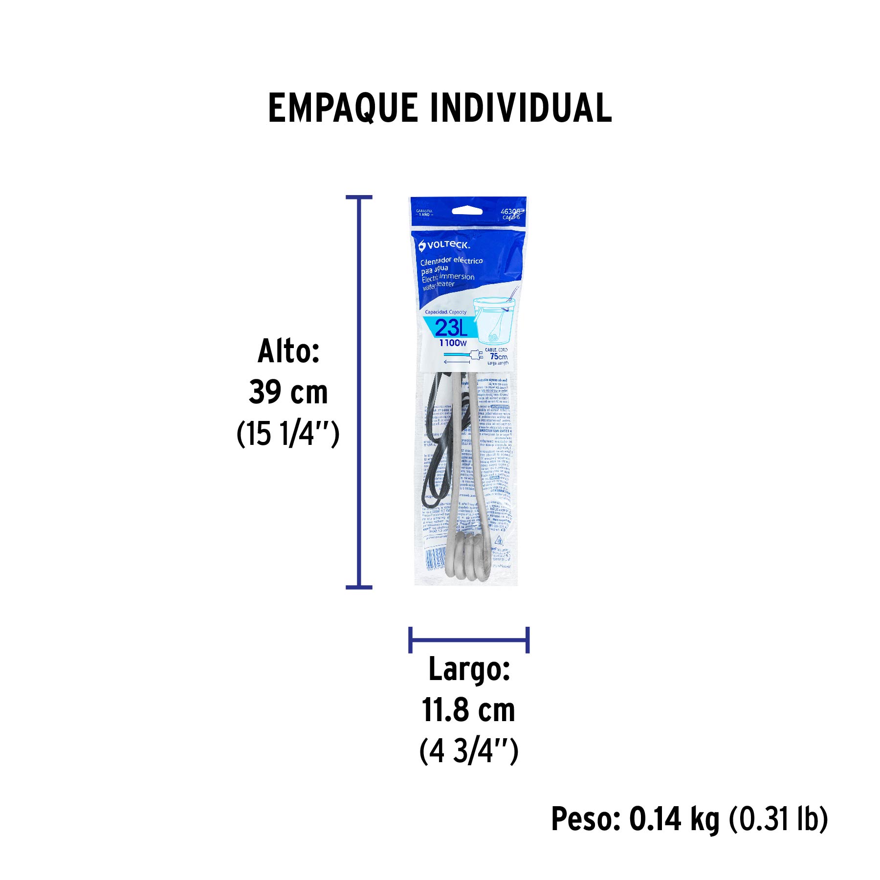 Calentador de inmersión para agua #6 (23 L), 1100 W, VOLTECK - Empaque