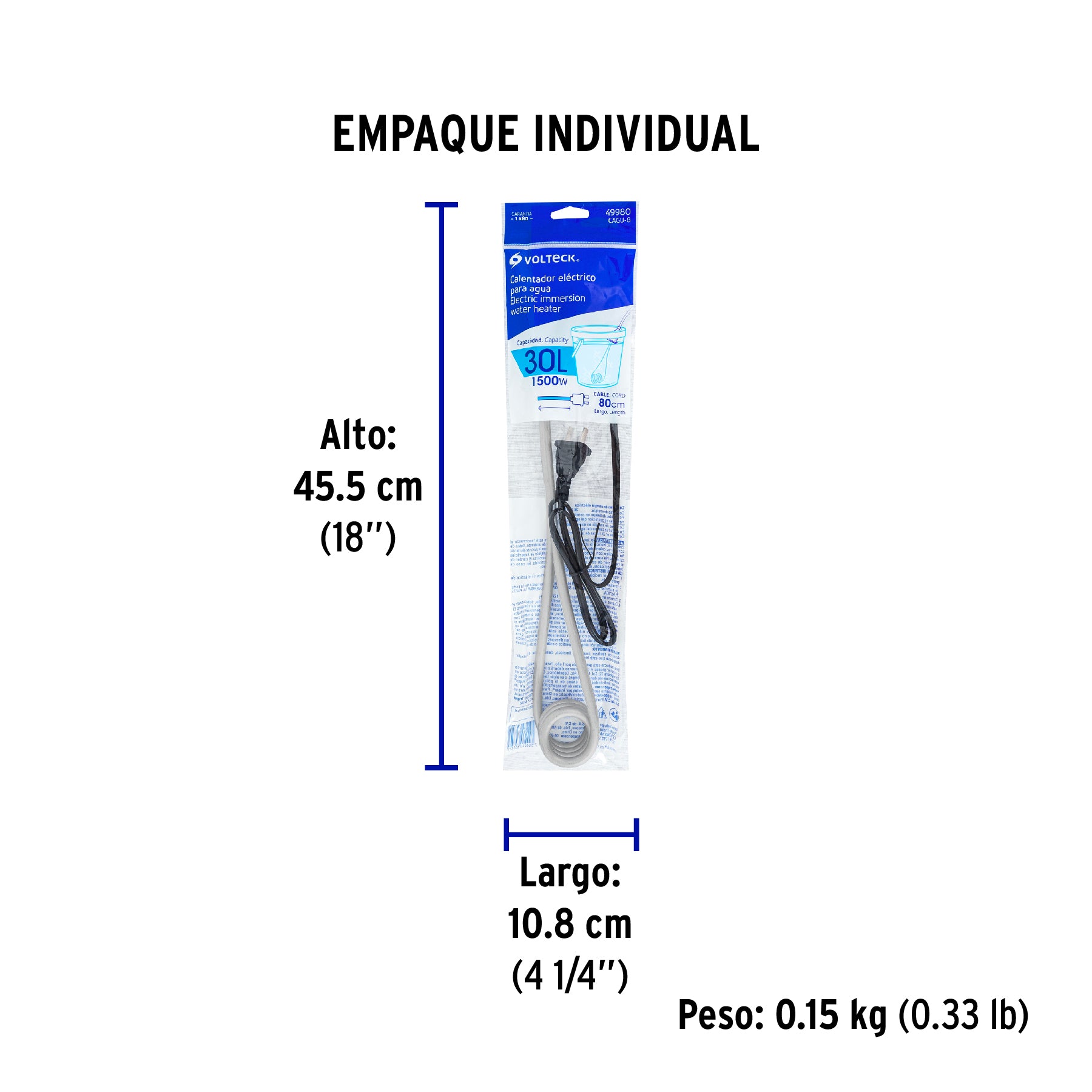 Calentador de inmersión para agua #8 (30 L), 1500 W, VOLTECK - Empaque