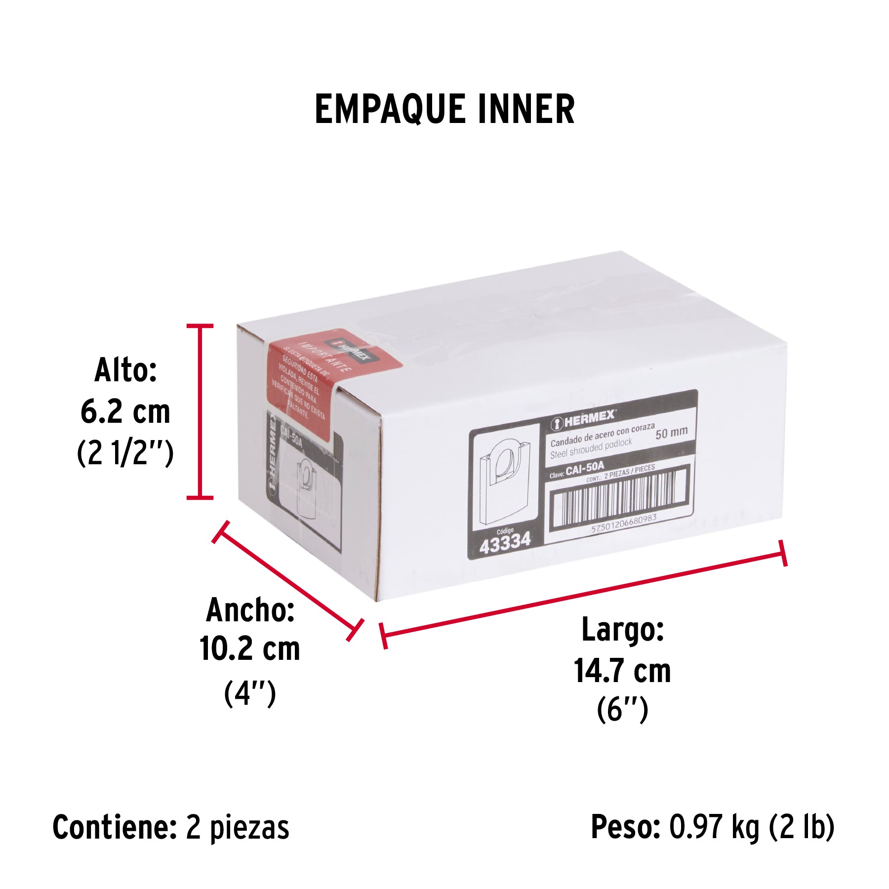 Candado de acero 50 mm con coraza, llave de disco, HERMEX - Empaque