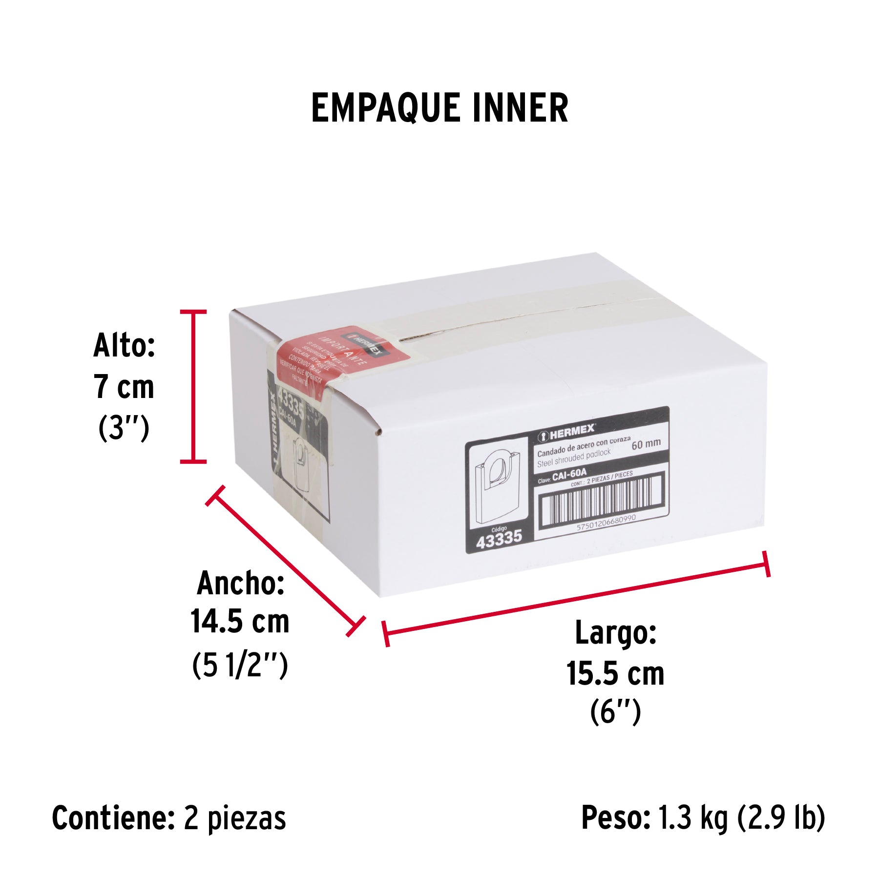 Candado de acero 60 mm con coraza, llave de disco, HERMEX - Empaque