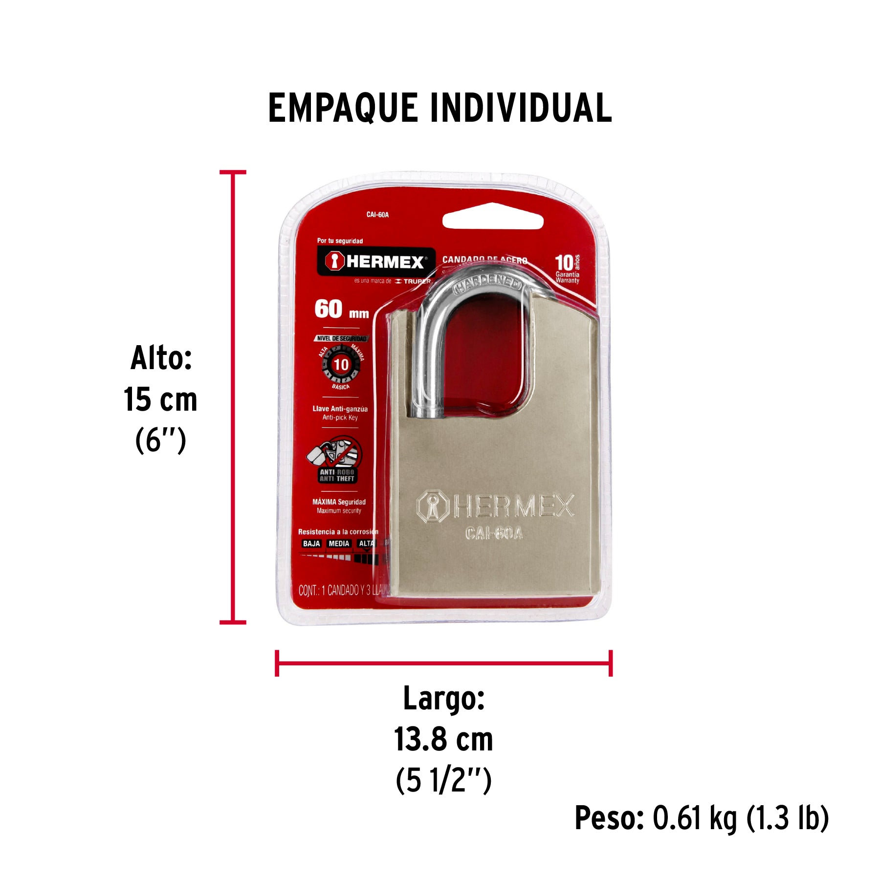 Candado de acero 60 mm con coraza, llave de disco, HERMEX - Empaque