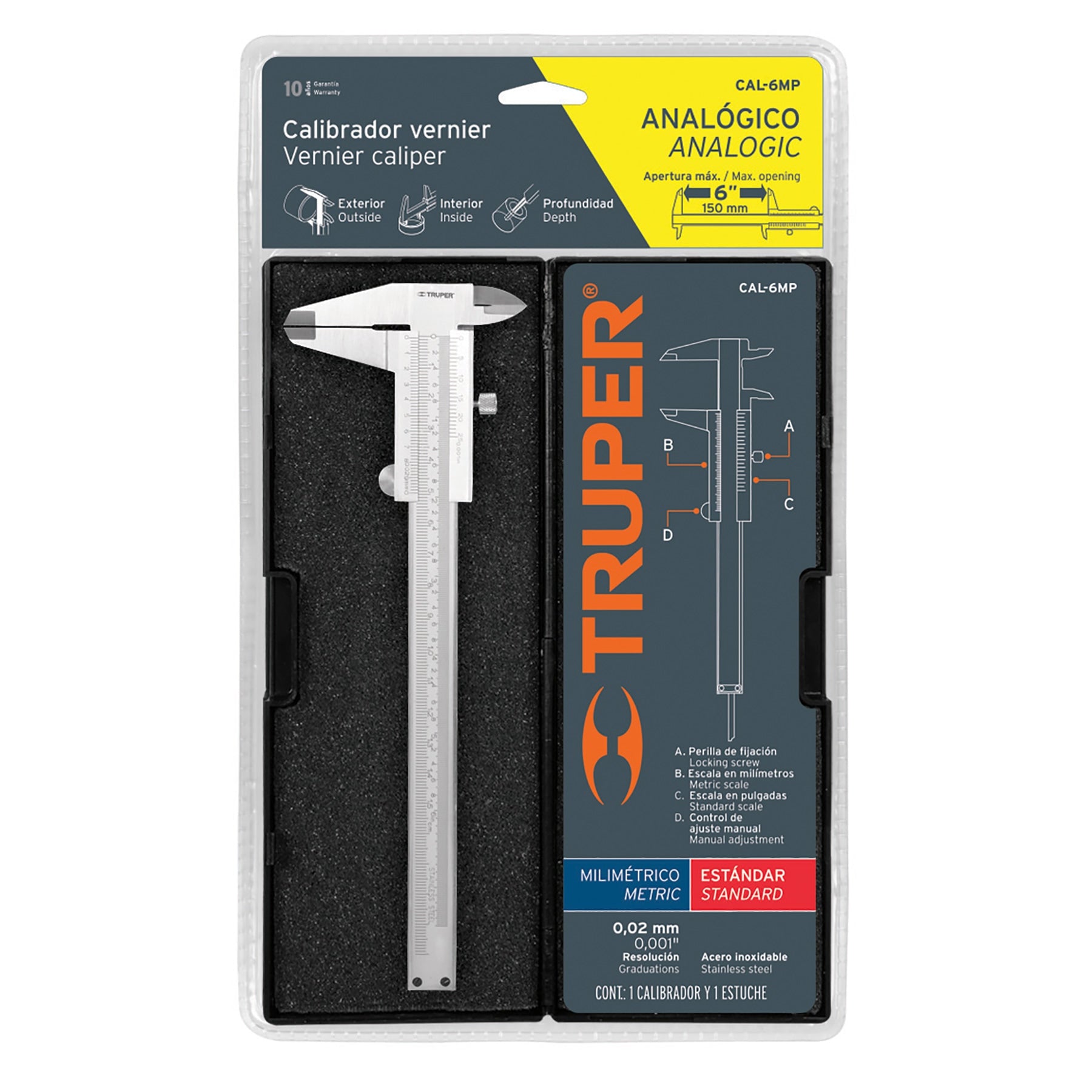 Calibrador vernier analógico 6", acero inox, std y mm,TRUPER