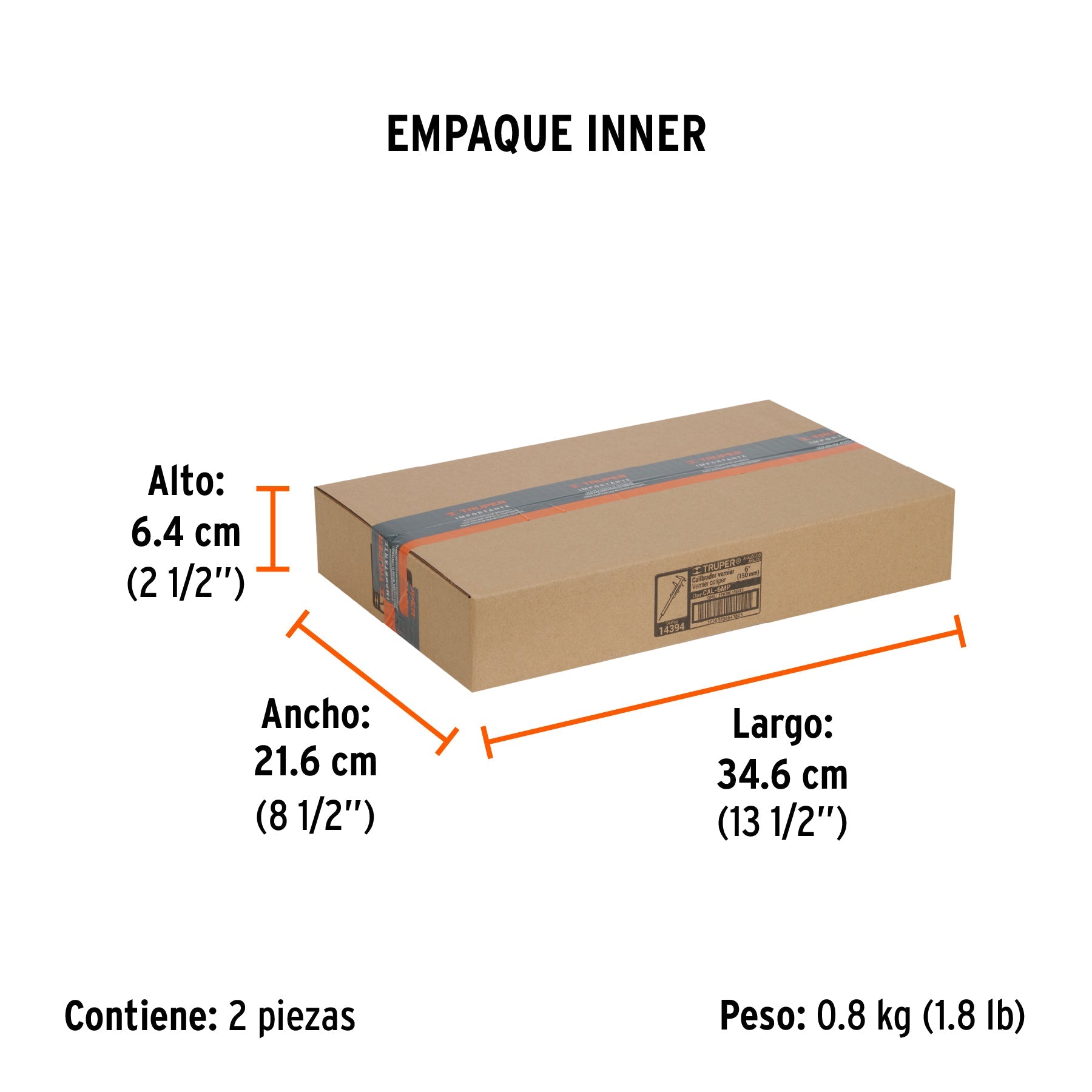 Calibrador vernier analógico 6", acero inox, std y mm,TRUPER - Empaque