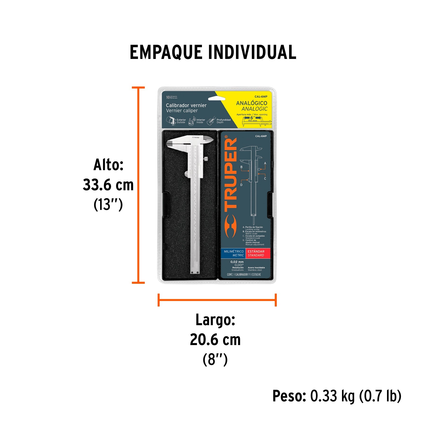Calibrador vernier analógico 6", acero inox, std y mm,TRUPER - Empaque