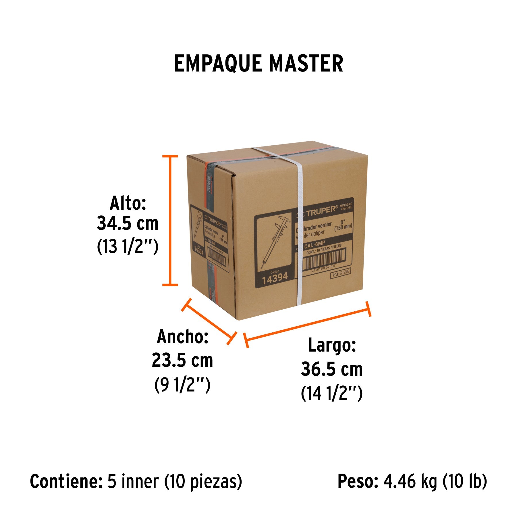 Calibrador vernier analógico 6", acero inox, std y mm,TRUPER - Empaque