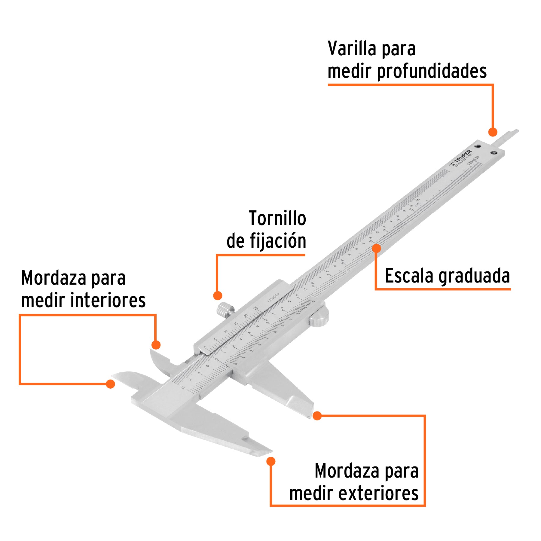 Calibrador vernier analógico 6", acero inox, std y mm,TRUPER
