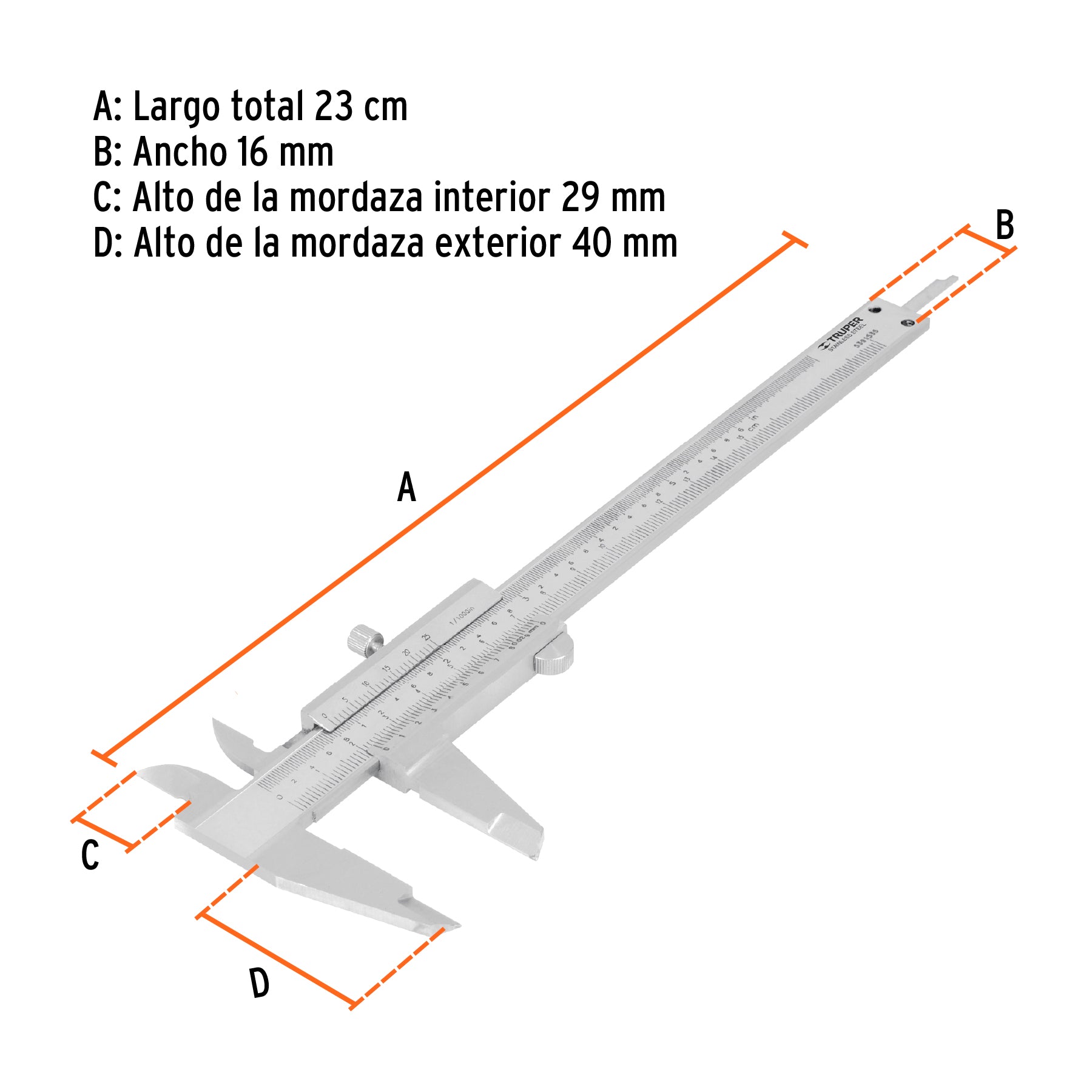 Calibrador vernier analógico 6", acero inox, std y mm,TRUPER