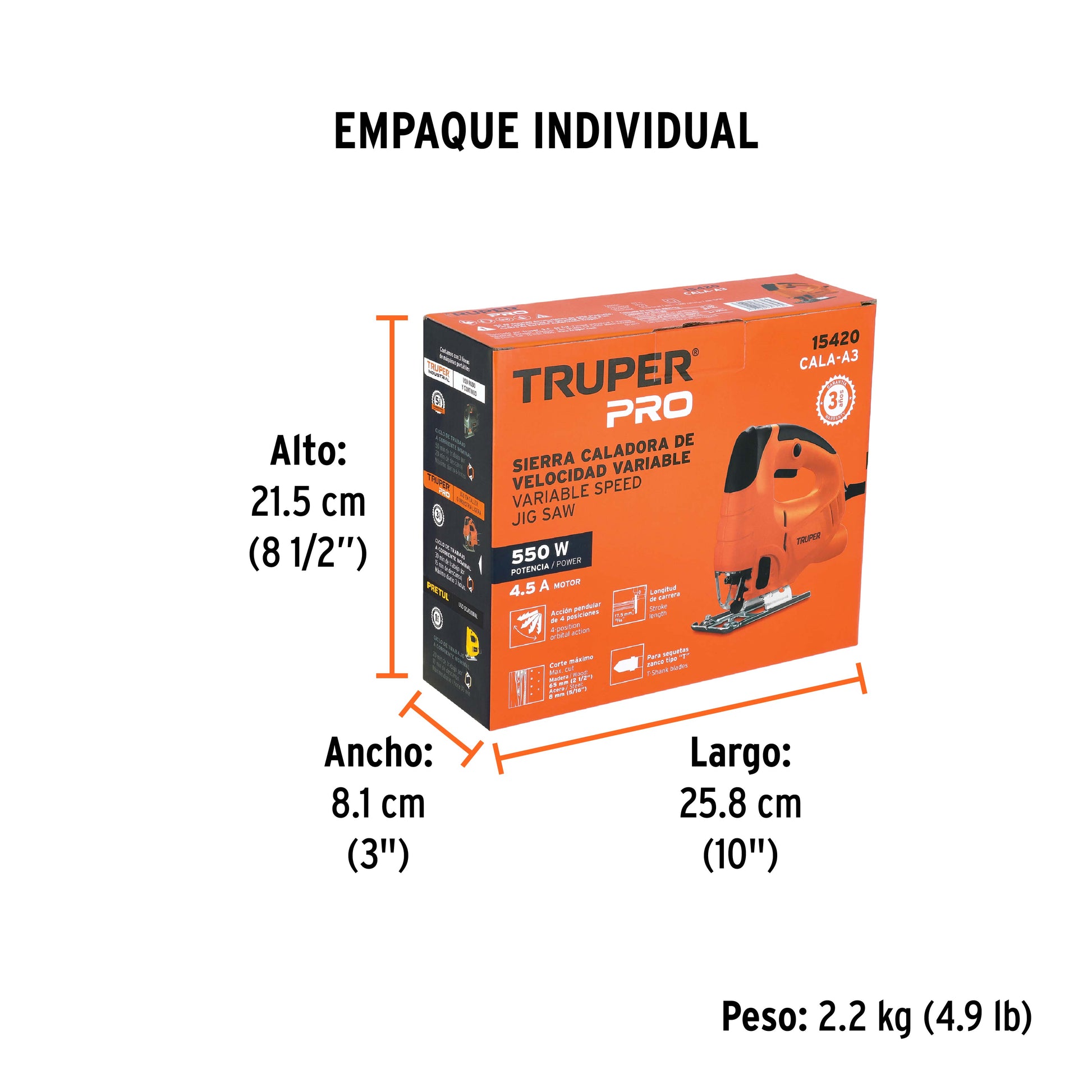 Sierra caladora 550W 4.5 A vel. variable, TRUPER PRO - Empaque