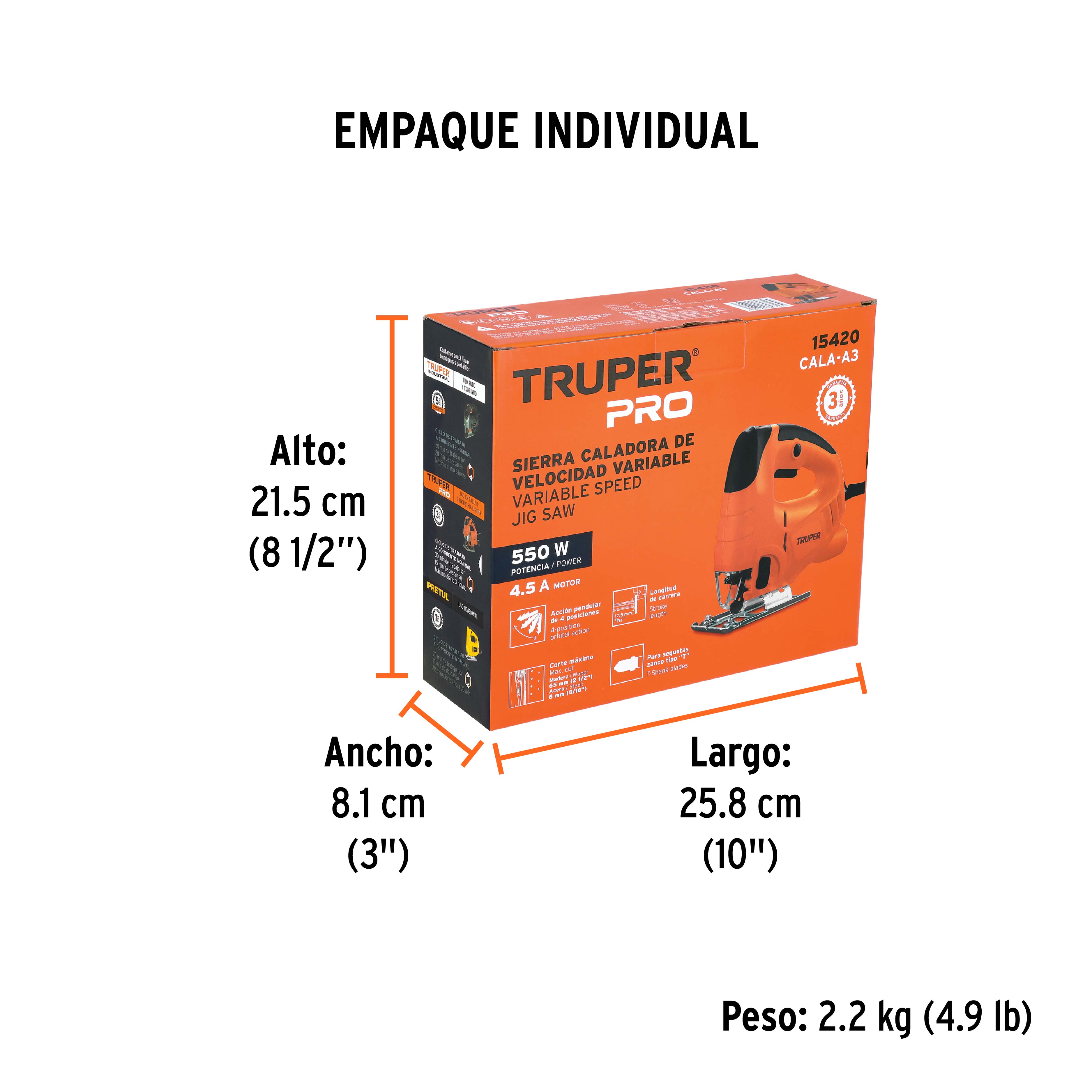 Sierra caladora 550W 4.5 A vel. variable, TRUPER PRO - Empaque