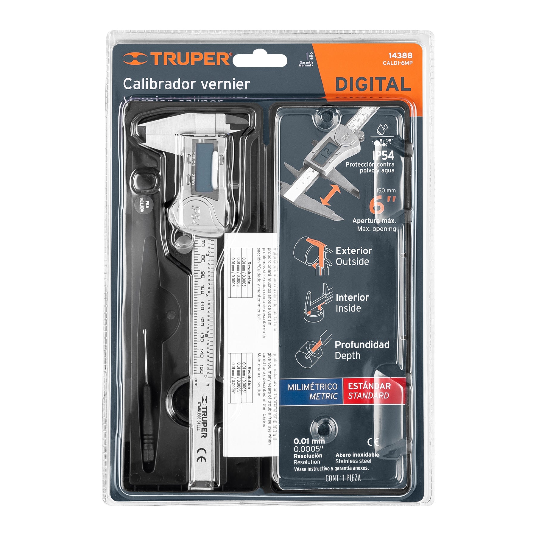 Calibrador vernier digital 6", acero inox, std y mm, TRUPER