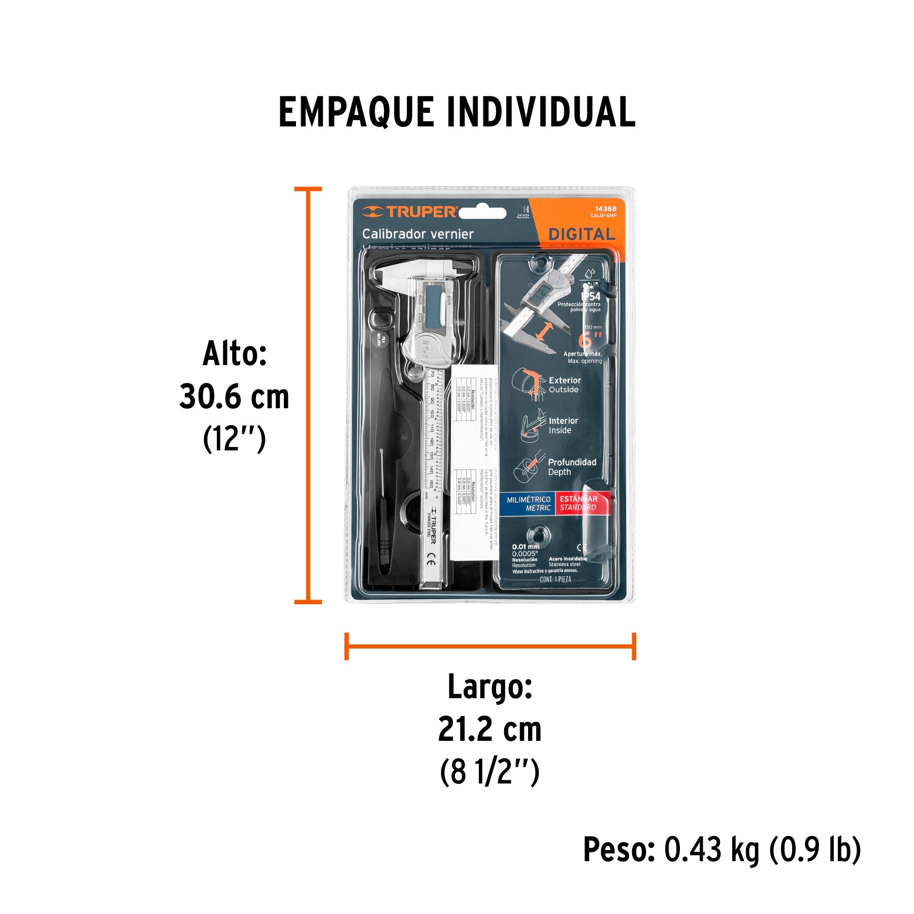 Calibrador vernier digital 6", acero inox, std y mm, TRUPER - Empaque
