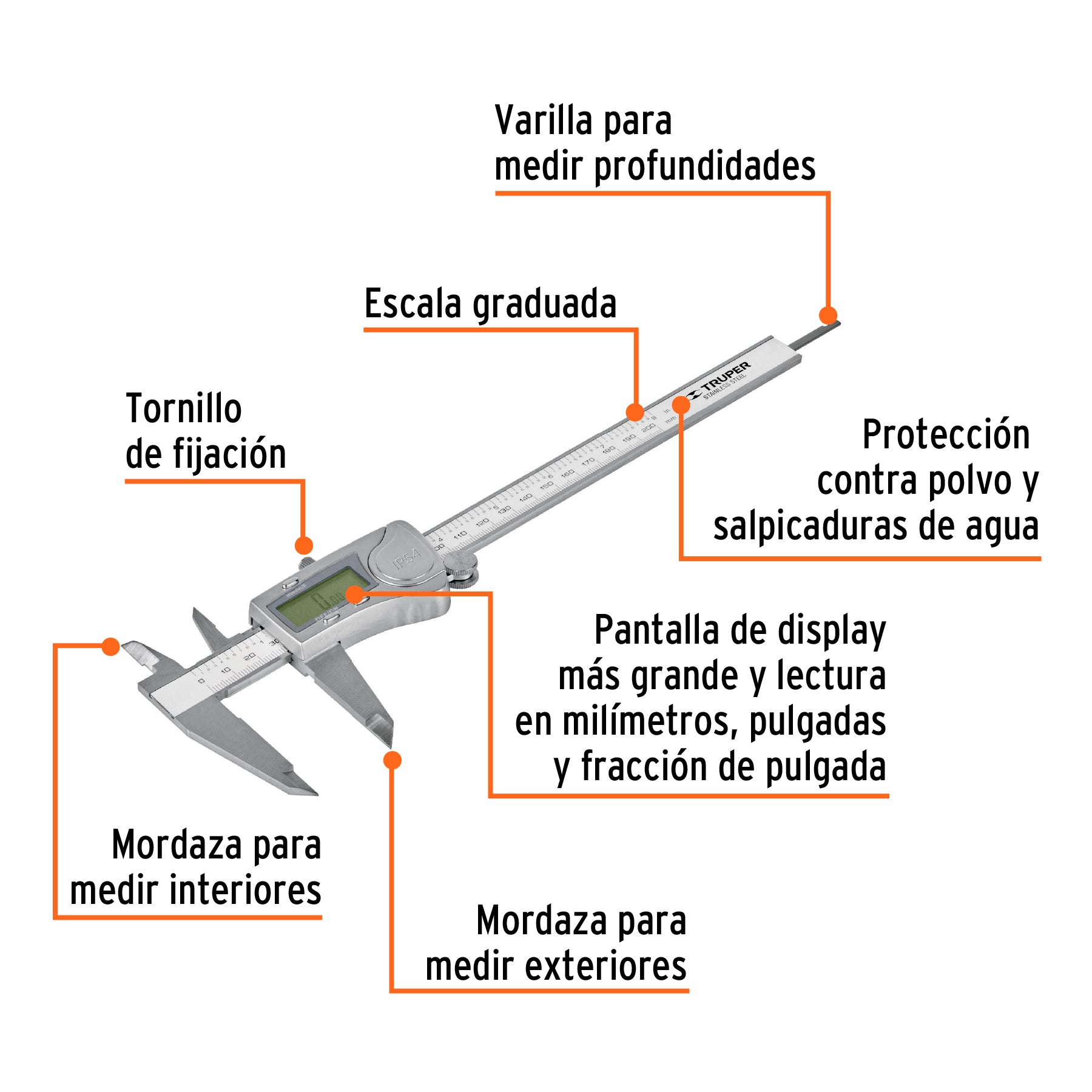 Calibrador vernier digital 6", acero inox, std y mm, TRUPER