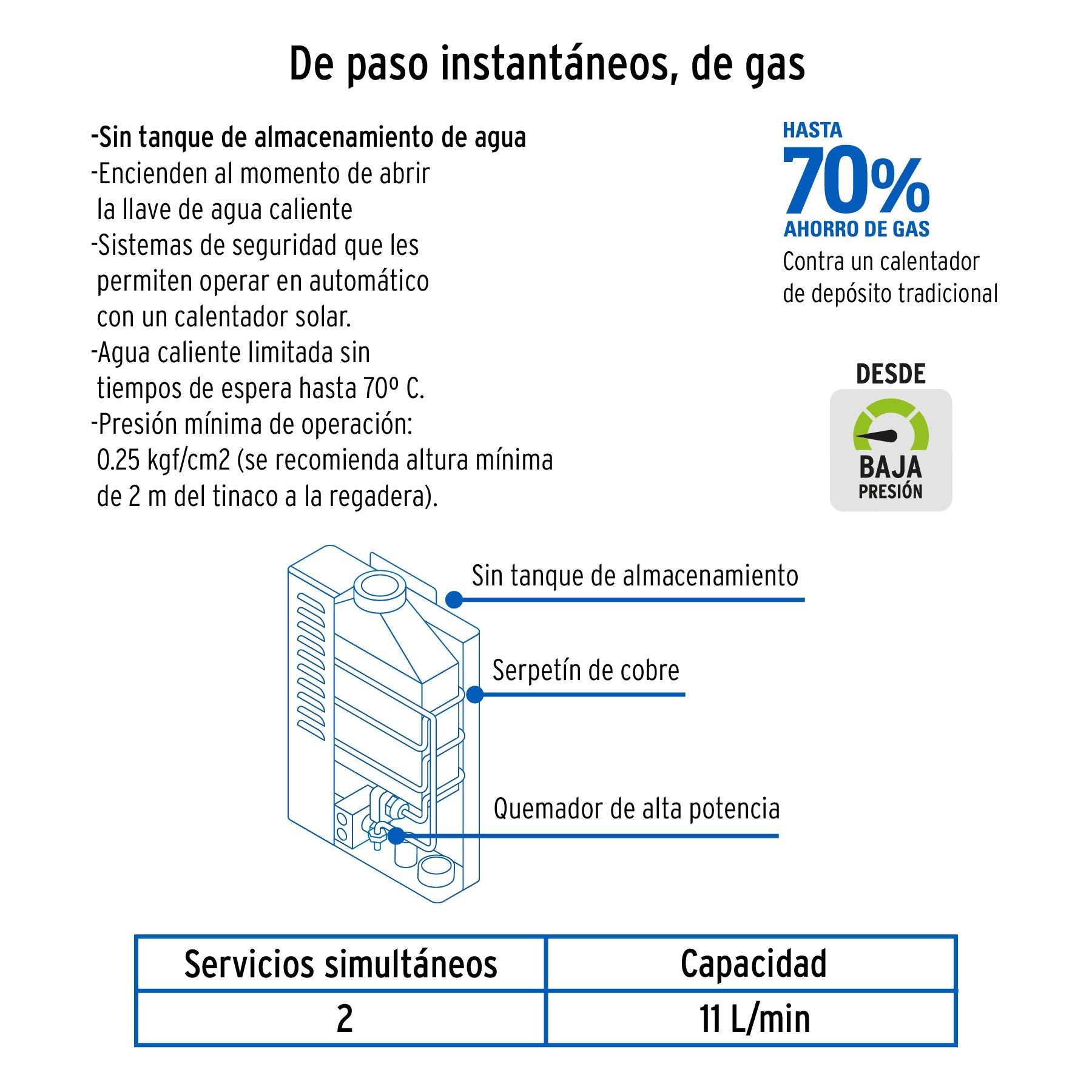 Calentador instantáneo, 11L, 2 servicios, gas LP, FOSET