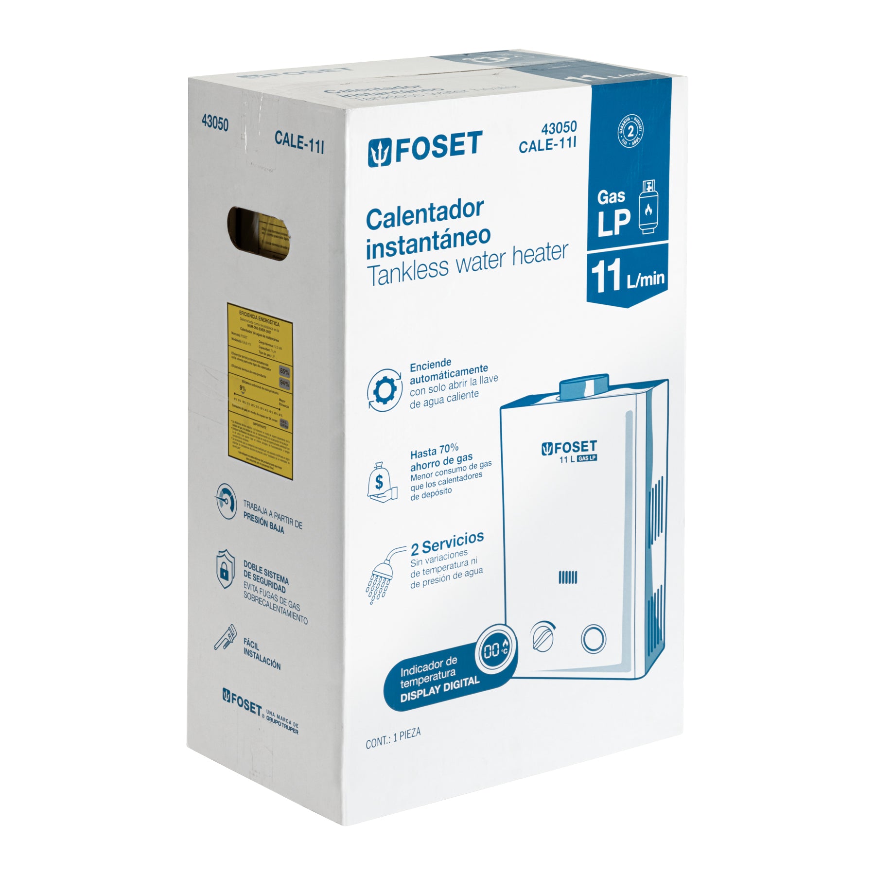 Calentador instantáneo, 11L, 2 servicios, gas LP, FOSET