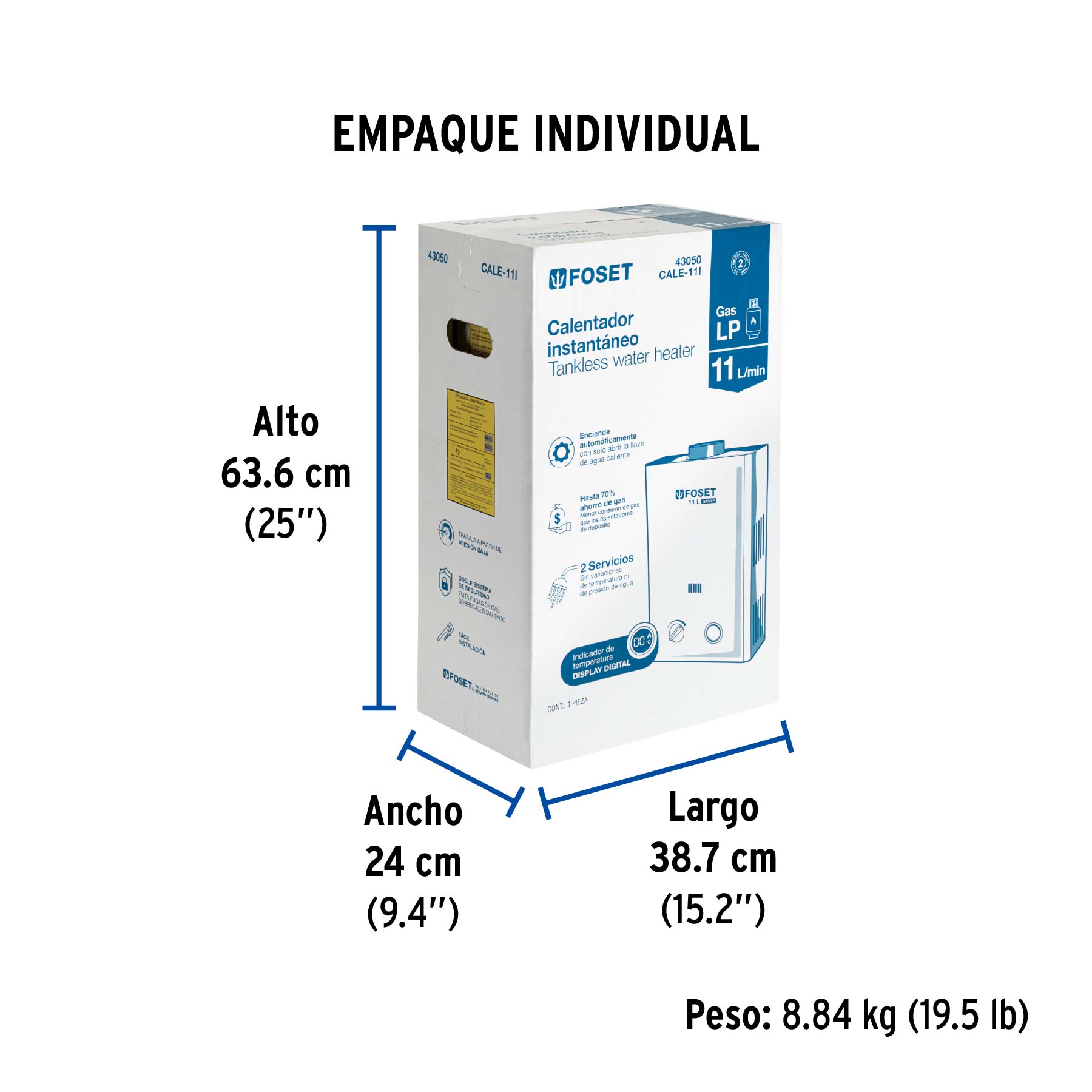 Calentador instantáneo, 11L, 2 servicios, gas LP, FOSET - Empaque