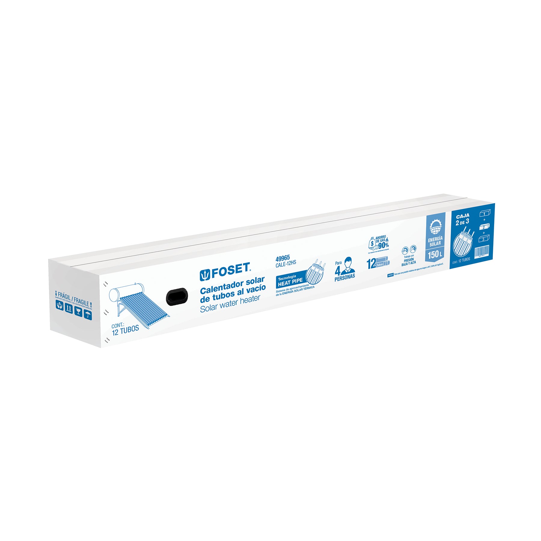 Calentador solar HeatPipe, 12 tubos, 150L, 4 personas, FOSET