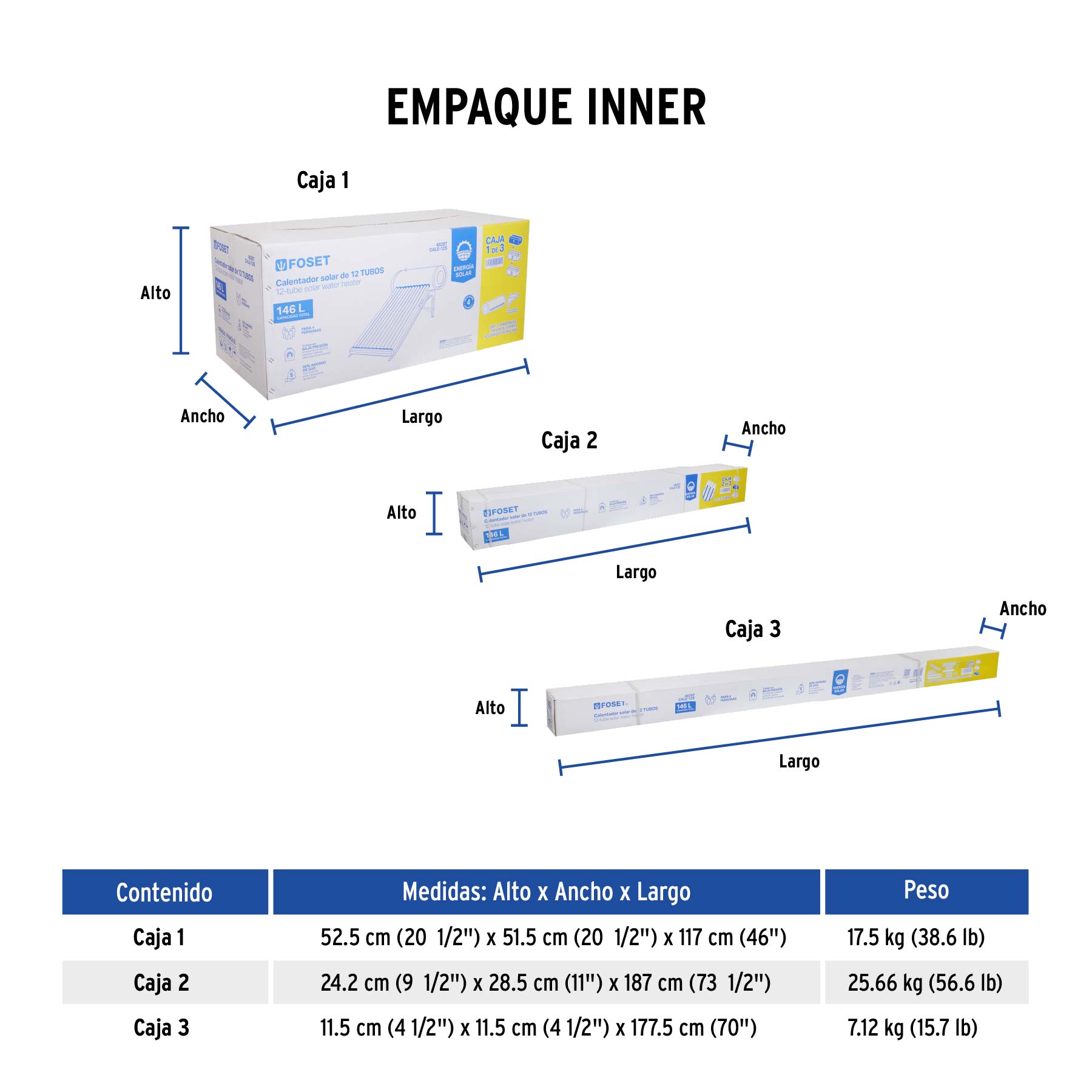 Calentador solar de agua, 12 tubos, 150L, 4 personas, FOSET - Empaque