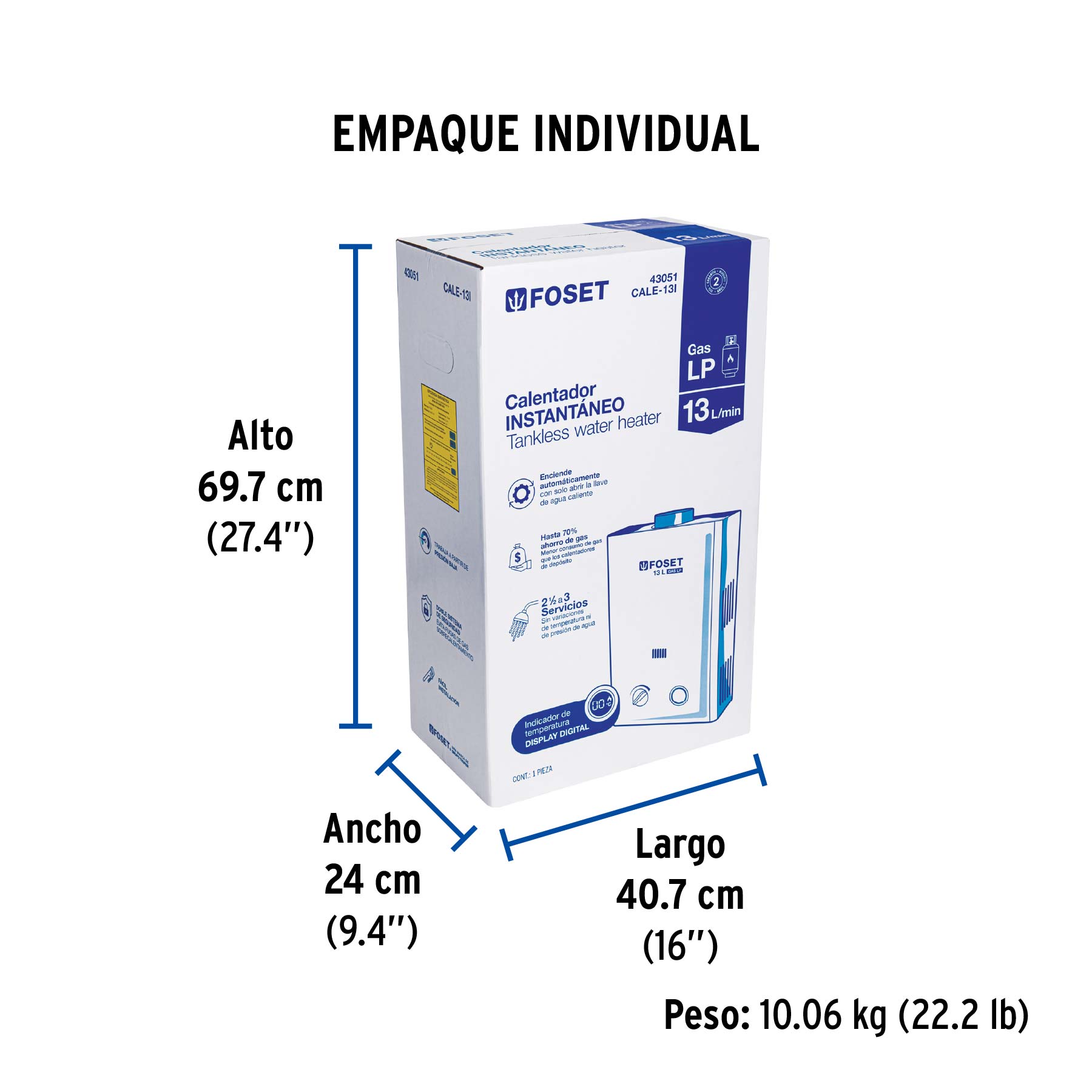 Calentador instantáneo, 13L, 3 servicios, gas LP, FOSET - Empaque