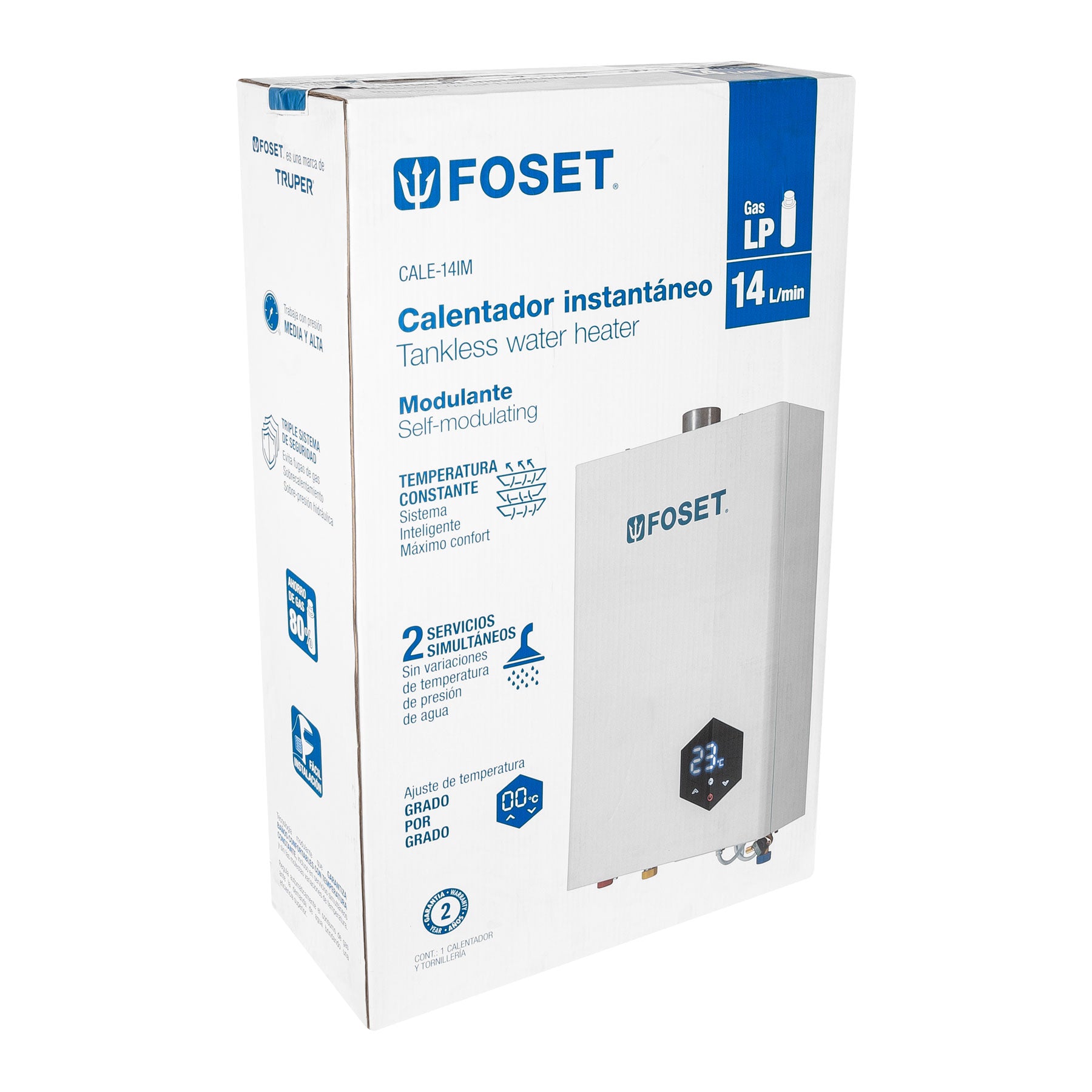Calentador instantáneo modulante, 14L, 2 serv, gas LP, FOSET