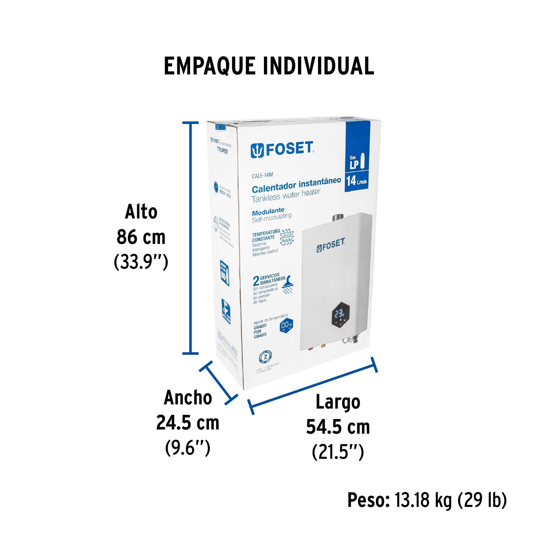 Calentador instantáneo modulante, 14L, 2 serv, gas LP, FOSET - Empaque