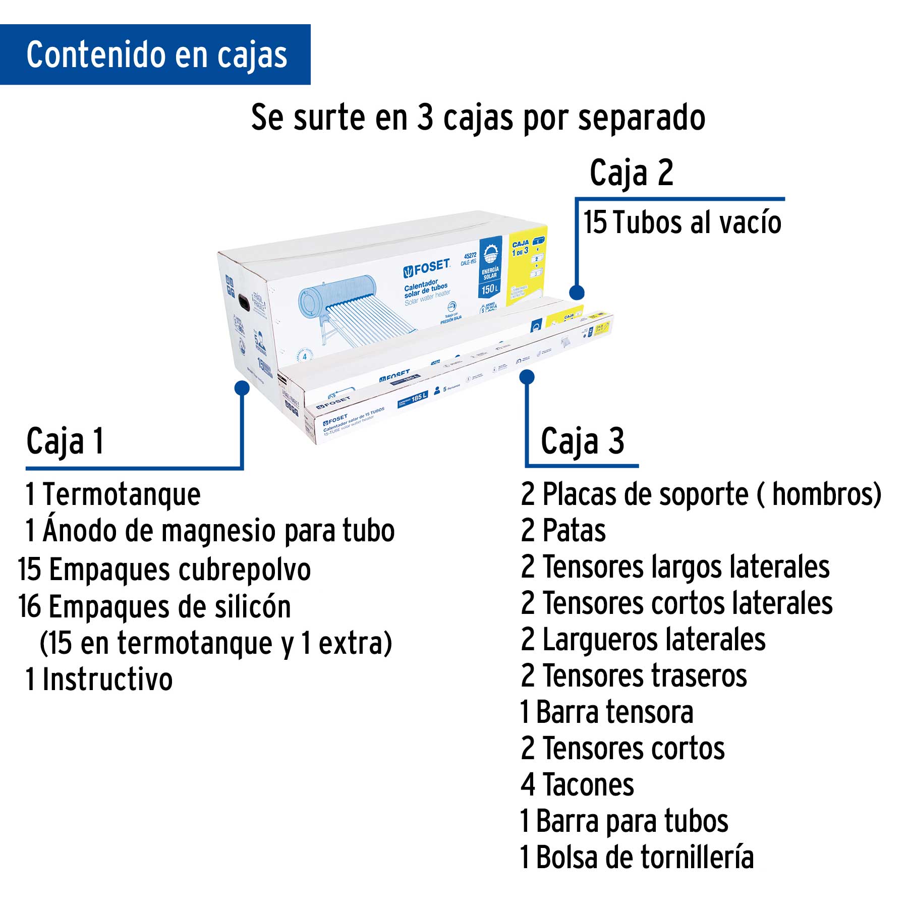 Calentador solar de agua, 15 tubos, 185 L, 5 personas, FOSET