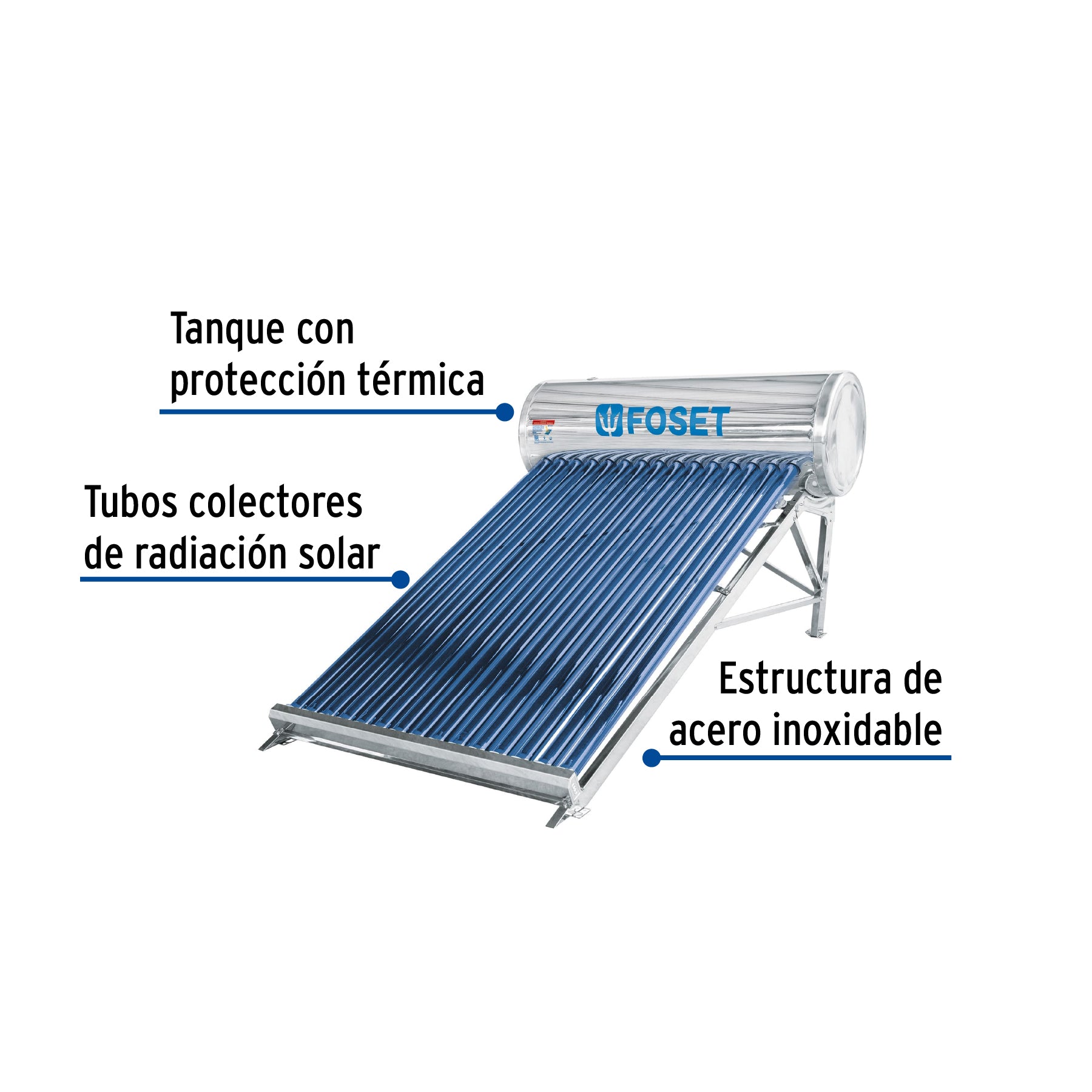 Calentador solar de agua, 15 tubos, 185 L, 5 personas, FOSET