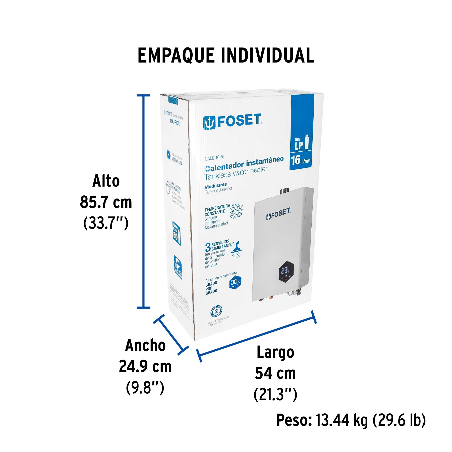 Calentador instantáneo modulante, 16L, 3 serv, gas LP, FOSET - Empaque