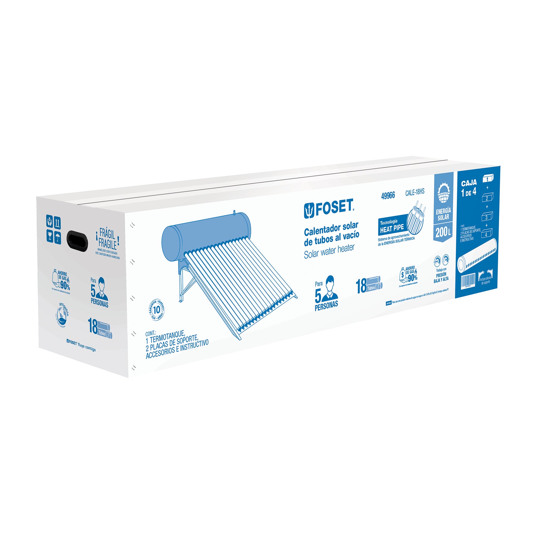 Calentador solar HeatPipe, 18 tubos, 200L, 5 personas, FOSET