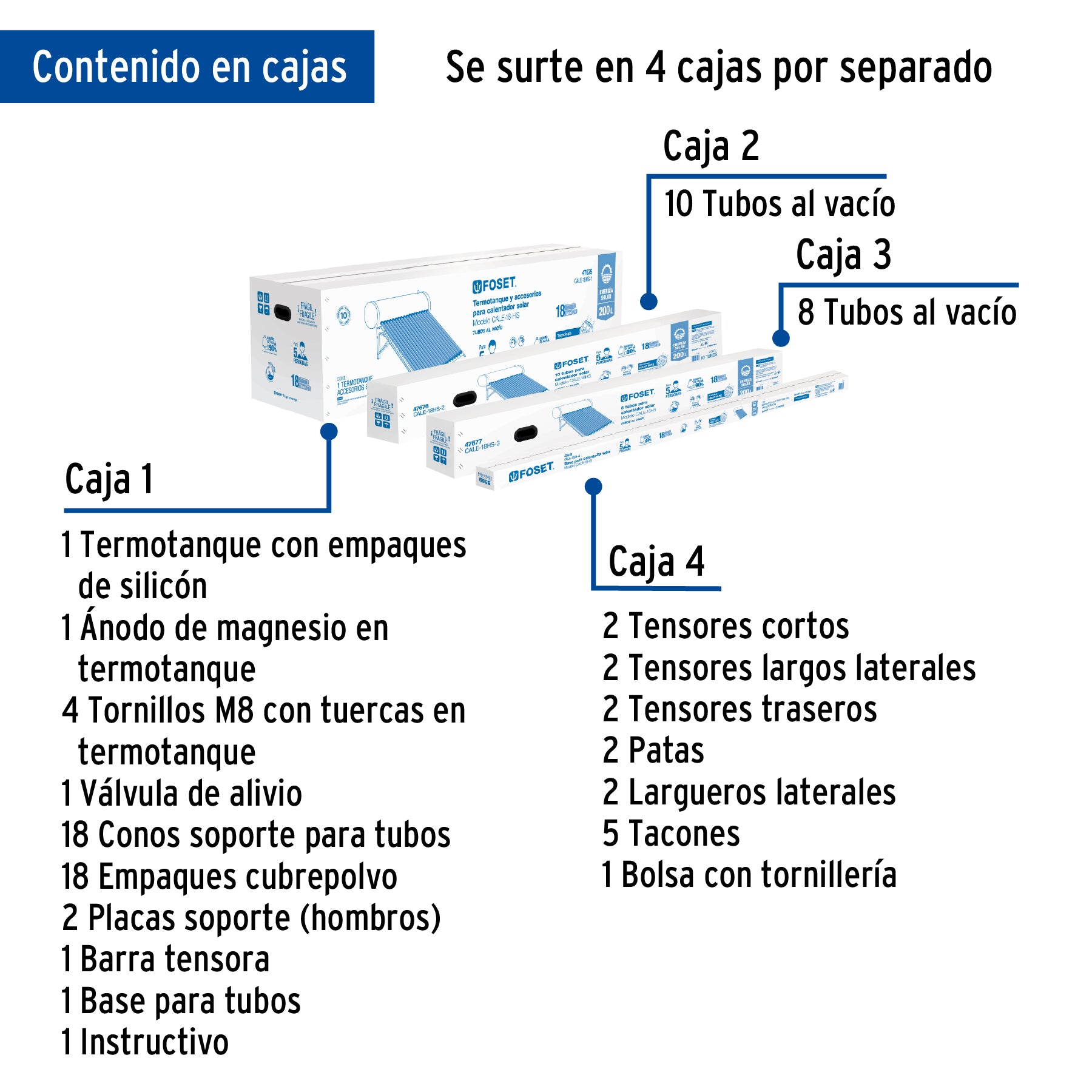 Calentador solar HeatPipe, 18 tubos, 200L, 5 personas, FOSET