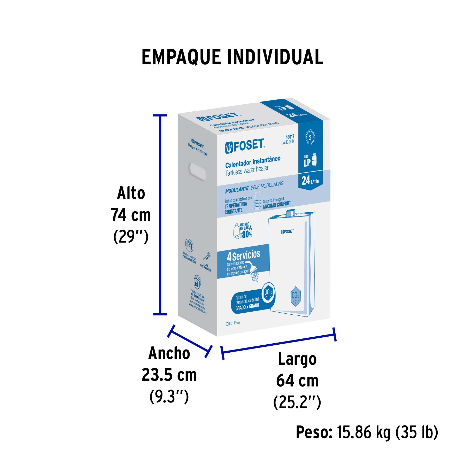 Calentador instantáneo modulante, 24L, 4 serv, gas LP, FOSET - Empaque