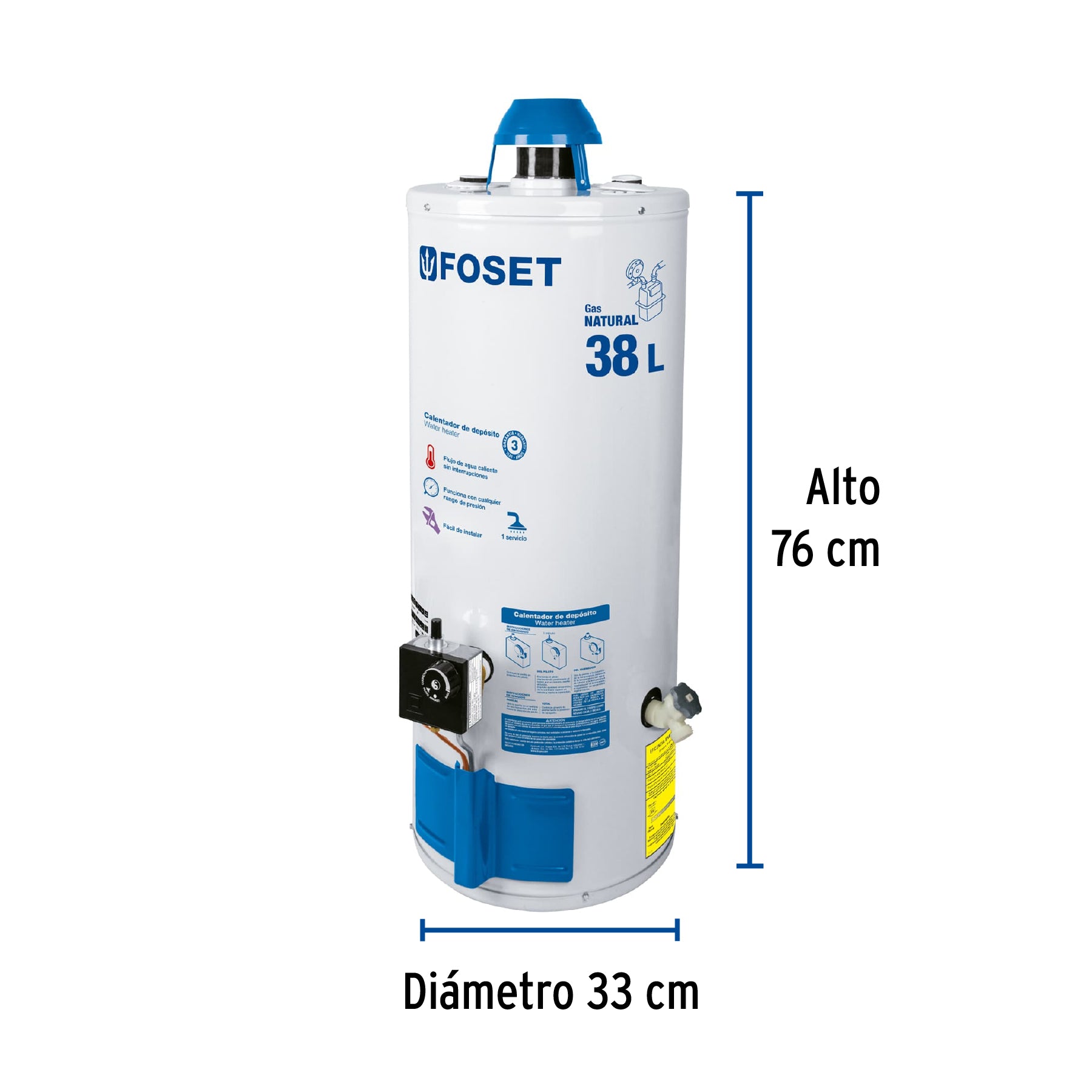 Calentador de depósito, 38L, 1 servicio, gas natural, FOSET