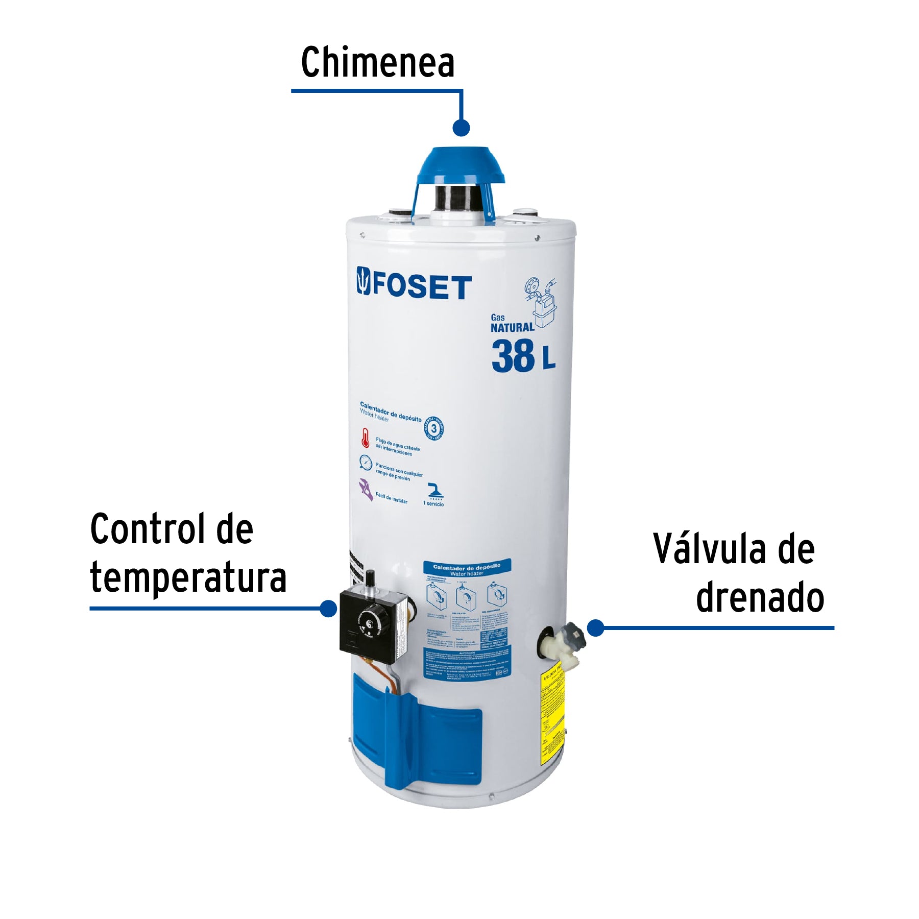 Calentador de depósito, 38L, 1 servicio, gas natural, FOSET