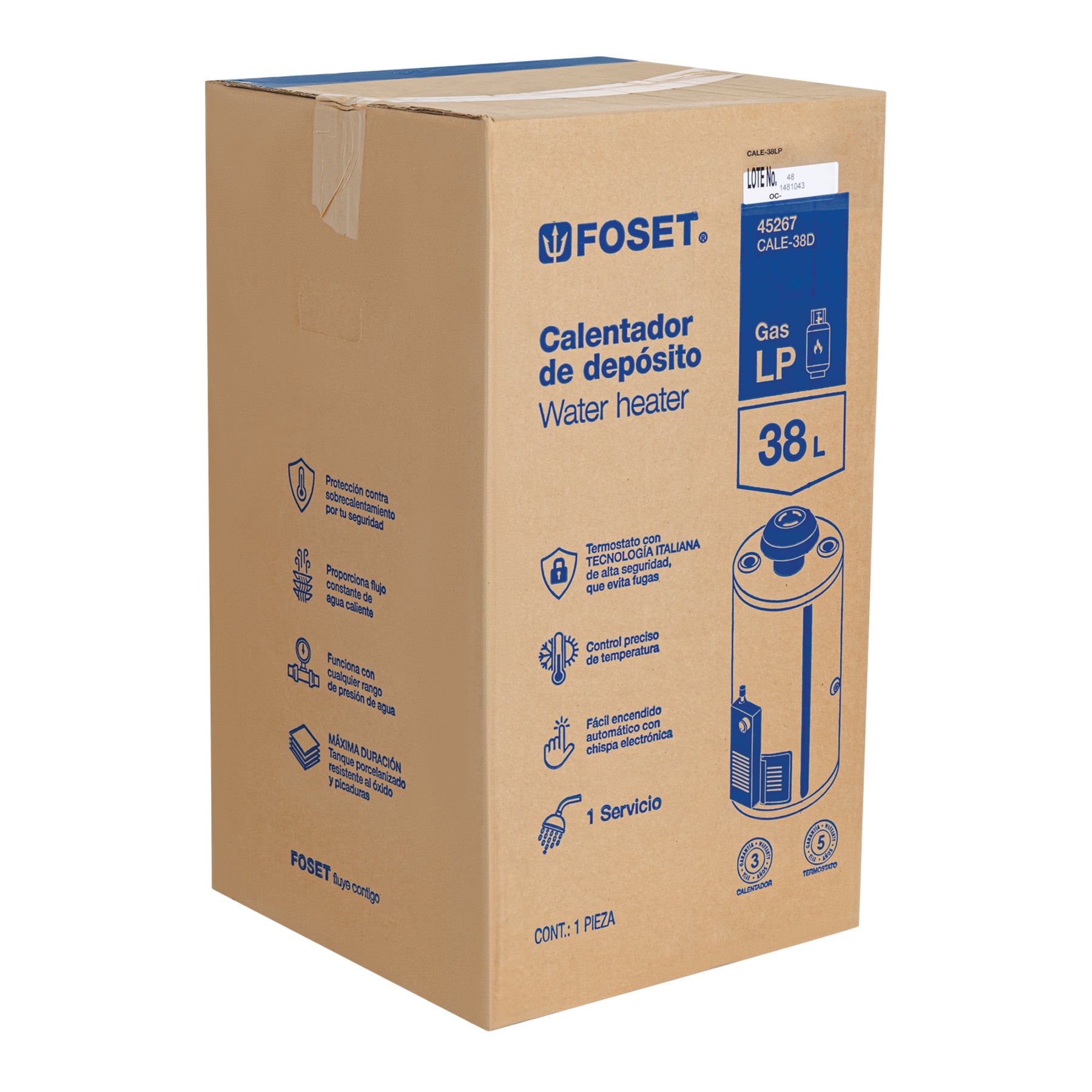Calentador de depósito, 38L, 1 servicio, gas LP, FOSET