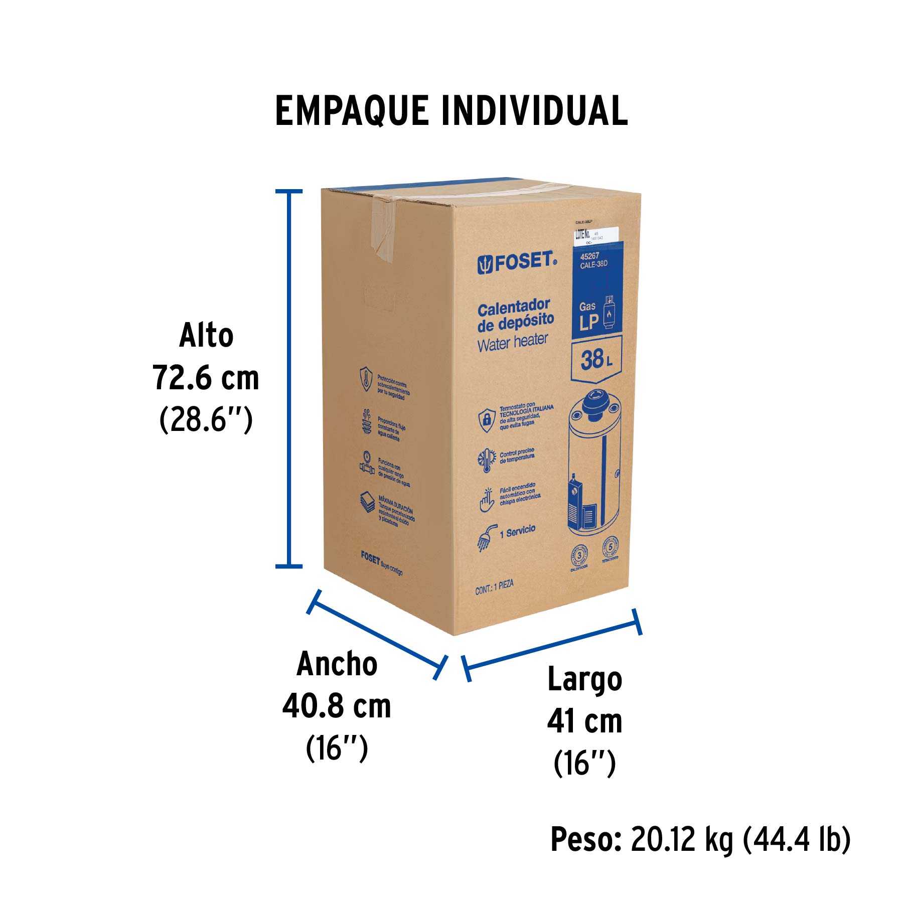 Calentador de depósito, 38L, 1 servicio, gas LP, FOSET - Empaque