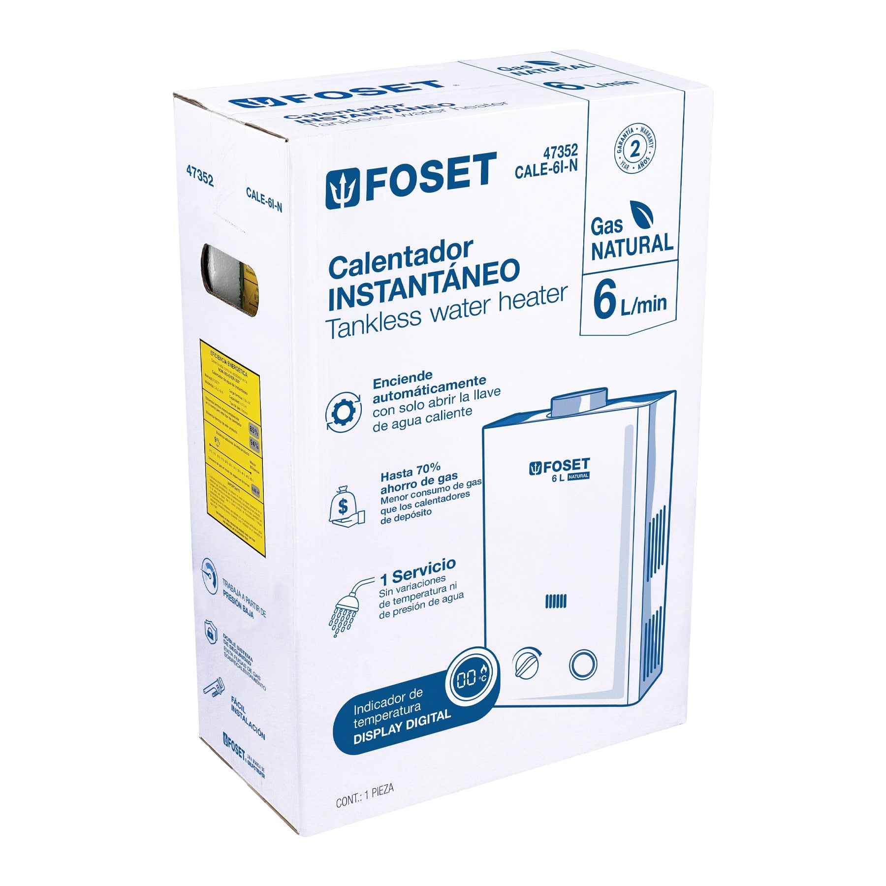 Calentador instantáneo, 6L, 1 servicio, gas natural, FOSET
