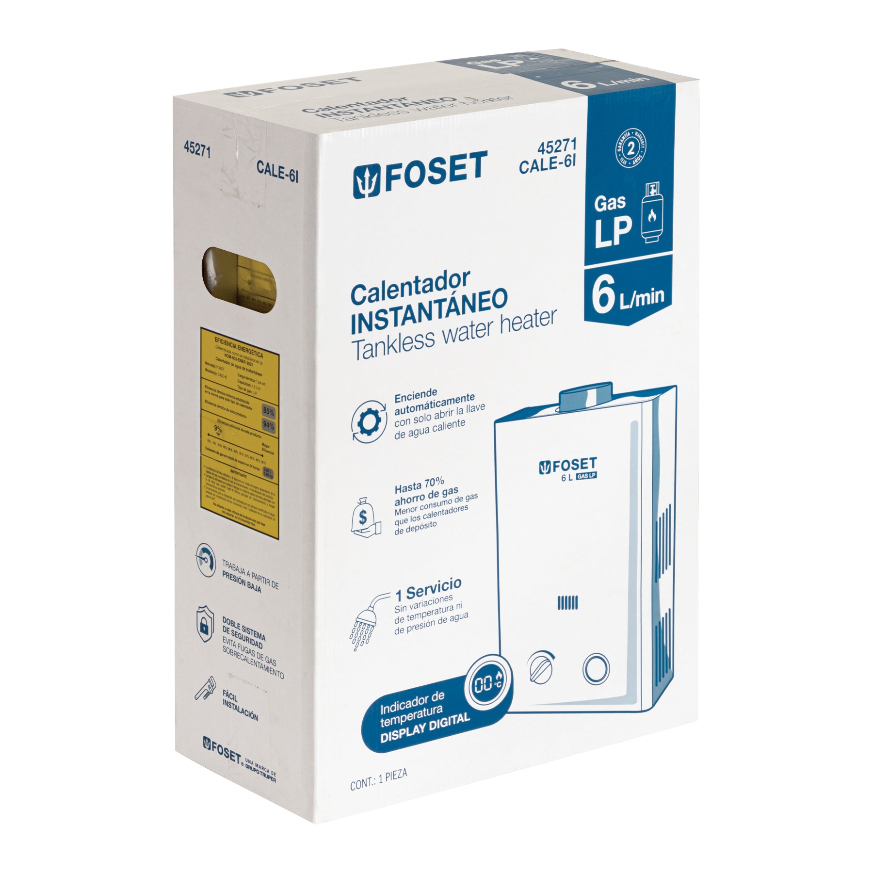 Calentador instantáneo, 6L, 1 servicio, gas LP, FOSET